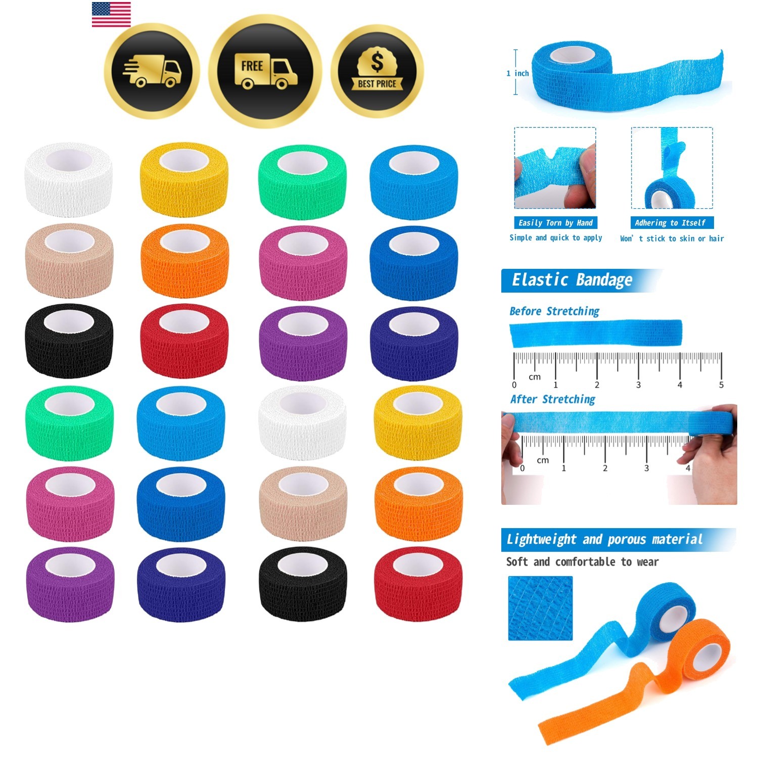 24 Pack Self Adherent Cohesive Wrap Bandages 1 Inches X 5 Yards, First Aid Ta…
