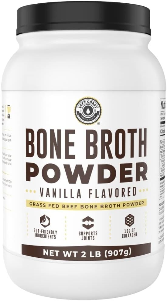 Left Coast 32oz Vanilla Bone Broth Protein Powder Grass Fed Beef, Non-GMO, 2lb