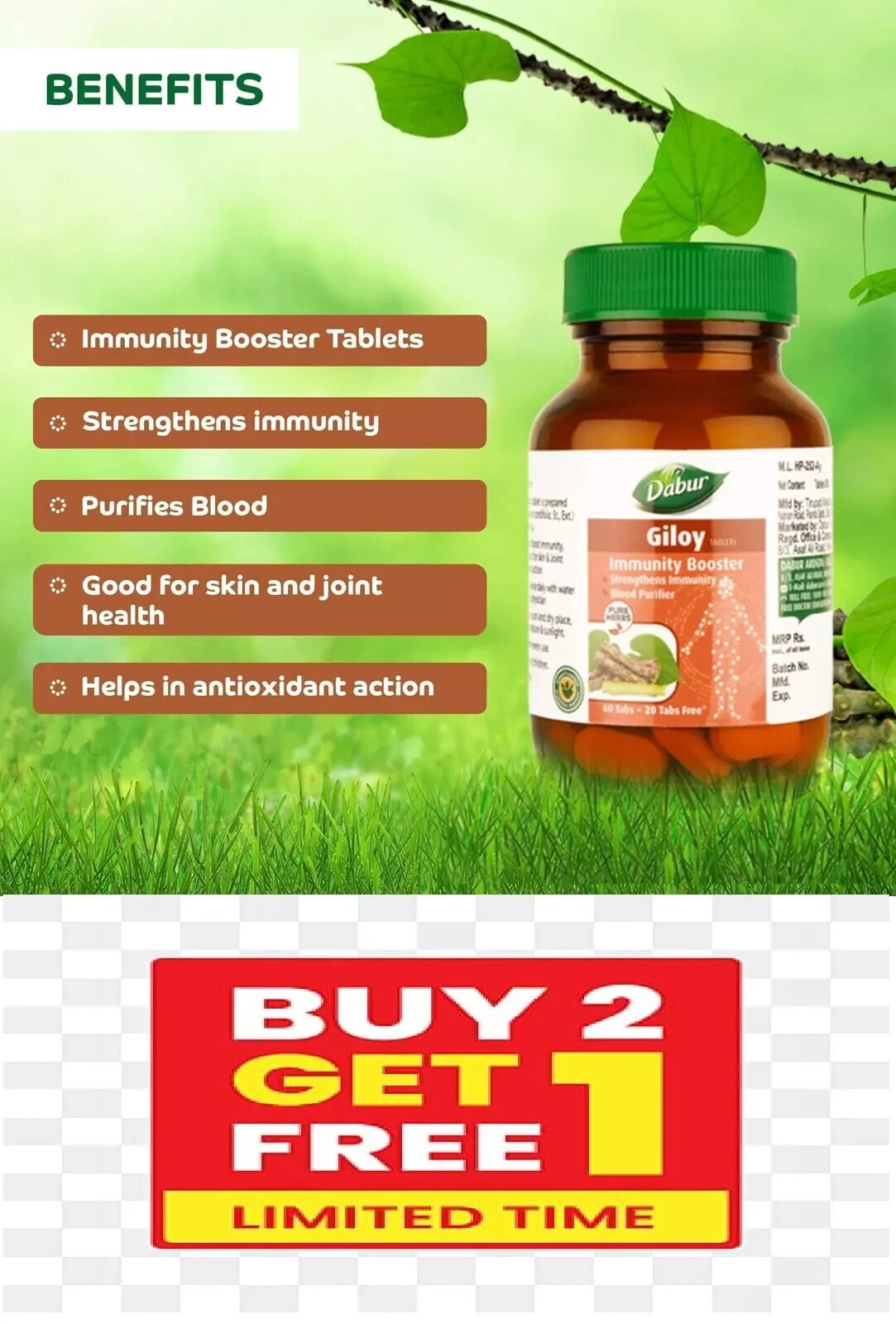 Dabur “Giloy Tablet 60 Tabs | Immunity Booster & Blood Purifier | Buy 2 & 1 FREE