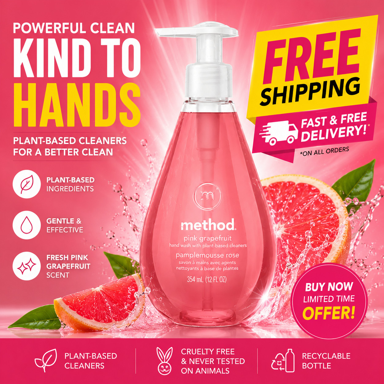 Method Pink Grapefruit Hand Soap 12 oz Plant-Based Cleaners Gentle Hand Wash