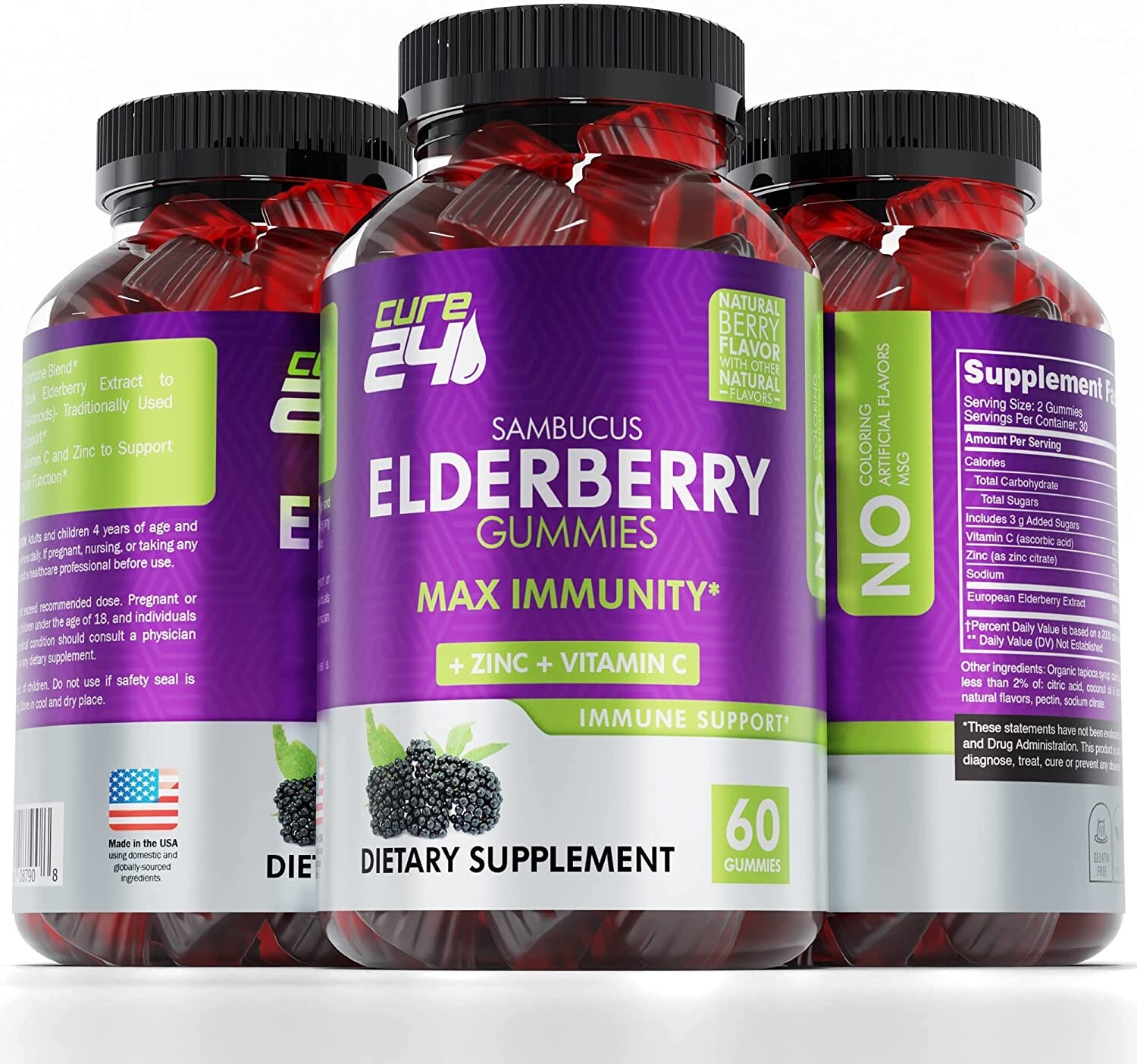 Cure24 Sambucus Natural Elderberry Gummies Zinc and Vitamin C,Kids & Adults 60
