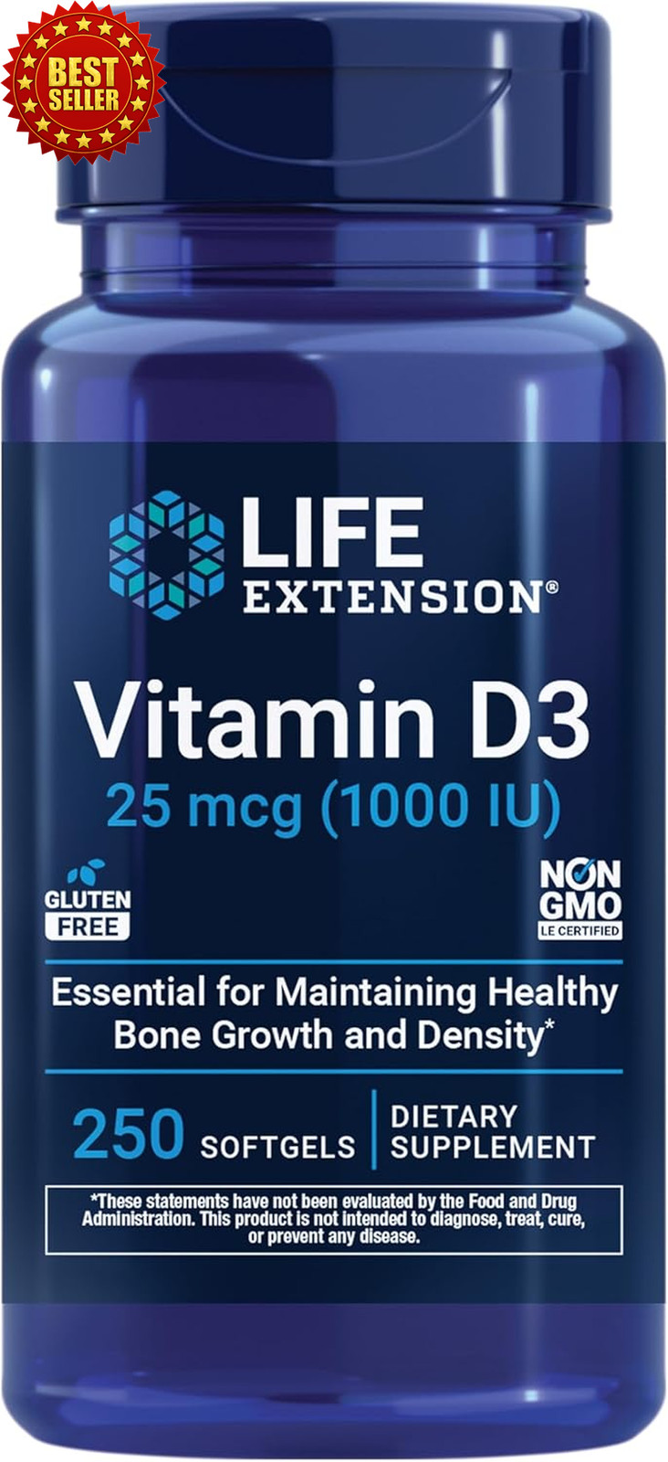 Life Extension Vitamin D3 25 Mcg 1000 IU 250 Softgels Gluten-free Non-gmo
