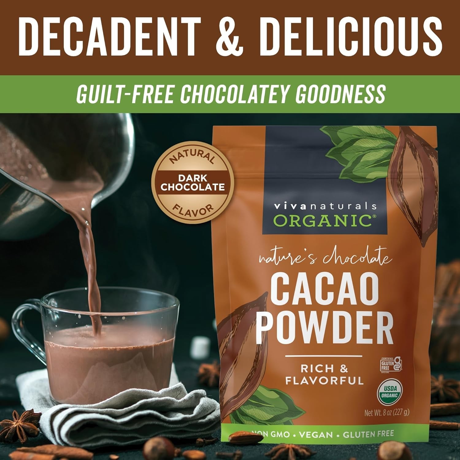 Organic Unsweetened Cacao Powder with Rich Dark Chocolate Flavor NEW