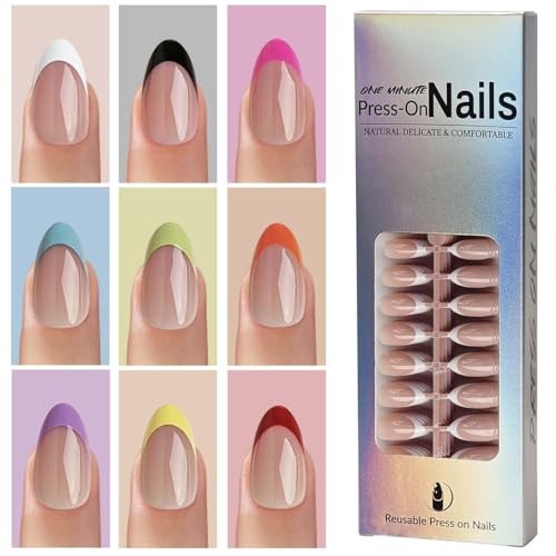 9 Colors French Tip Press on Nails Short Almond Fake Nails French Nails Style-8