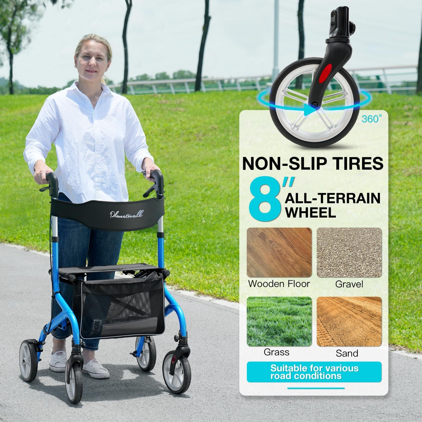 PLANET WALK Rollator Walker for Seniors Foldable Seat 8″ Wheels Blue 300lb