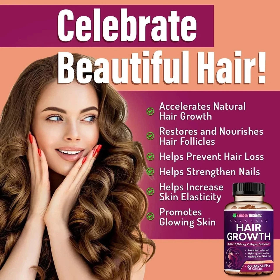 NEW Rainbow Nutrients ADVANCED Hair Growth Vitamins – Biotin 10,000mcg, Collagen