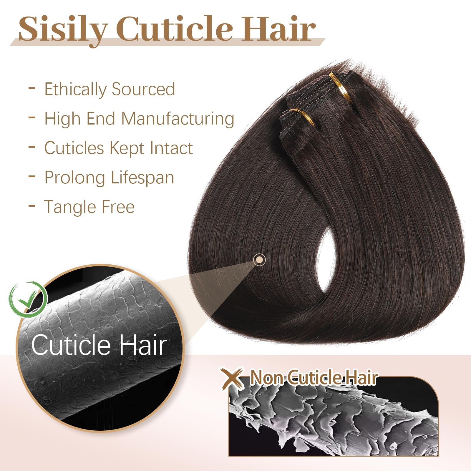 Sisily Clip In Hair Extensions Real Human Hair 16 Inch 120G Dark Brown 100