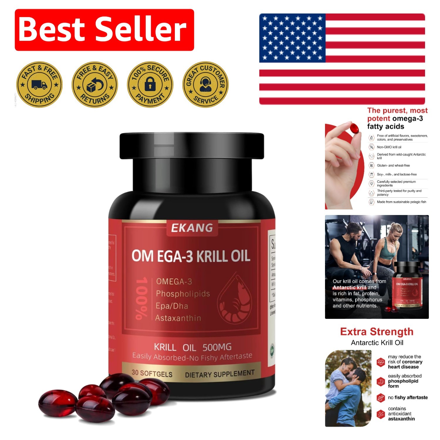 Antarctic Krill Oil 500mg – Omega-3 Softgels for Brain, Heart & Joint Health