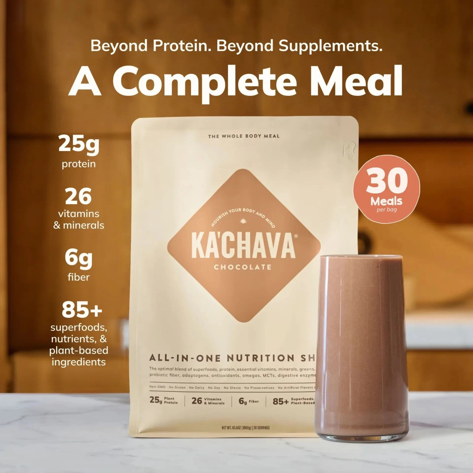 KaChava Meal Replacement Powder Protein Shake, Chocolate, 30 Servings, 4.16 LB