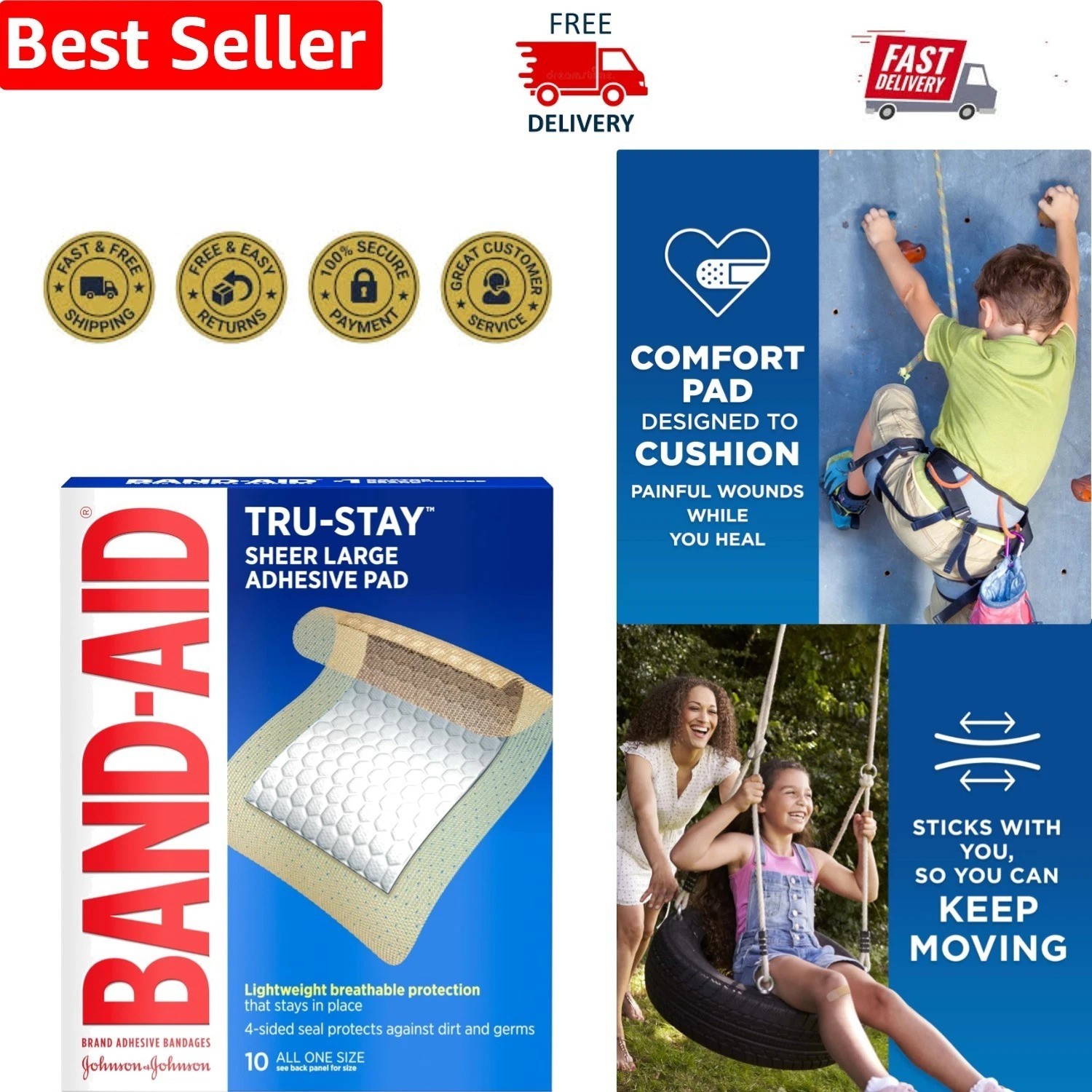 10 Count BAND-AID Tru-Stay Large Bandages – Sheer Adhesive for Wound Protection