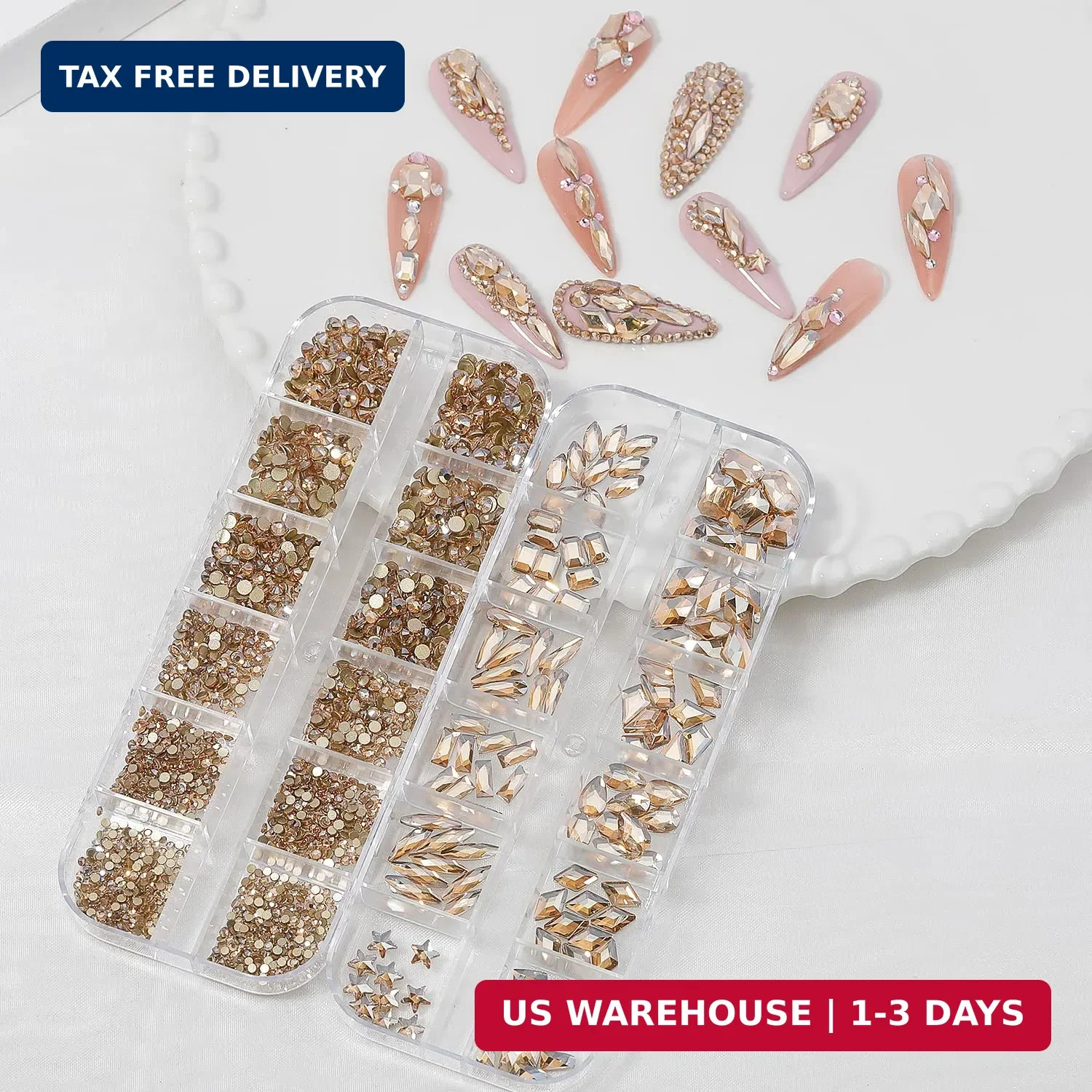 Nail Rhinestones – 3D Multi Shape Size Crystal, Champagne Gold Nail Gems, Flat B