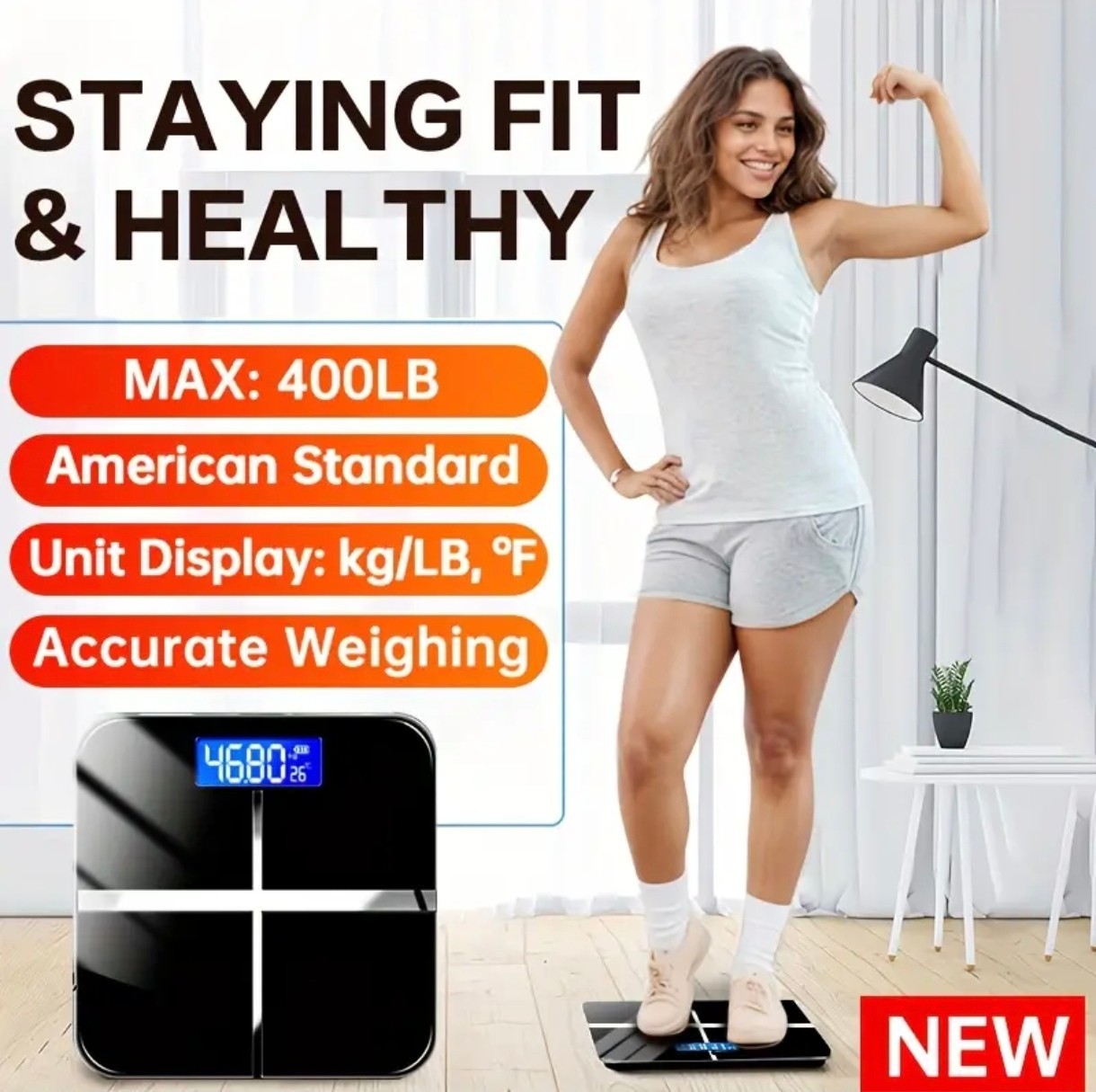 Digital Bathroom Scale 400lb USB Rechargeable LED Display Black