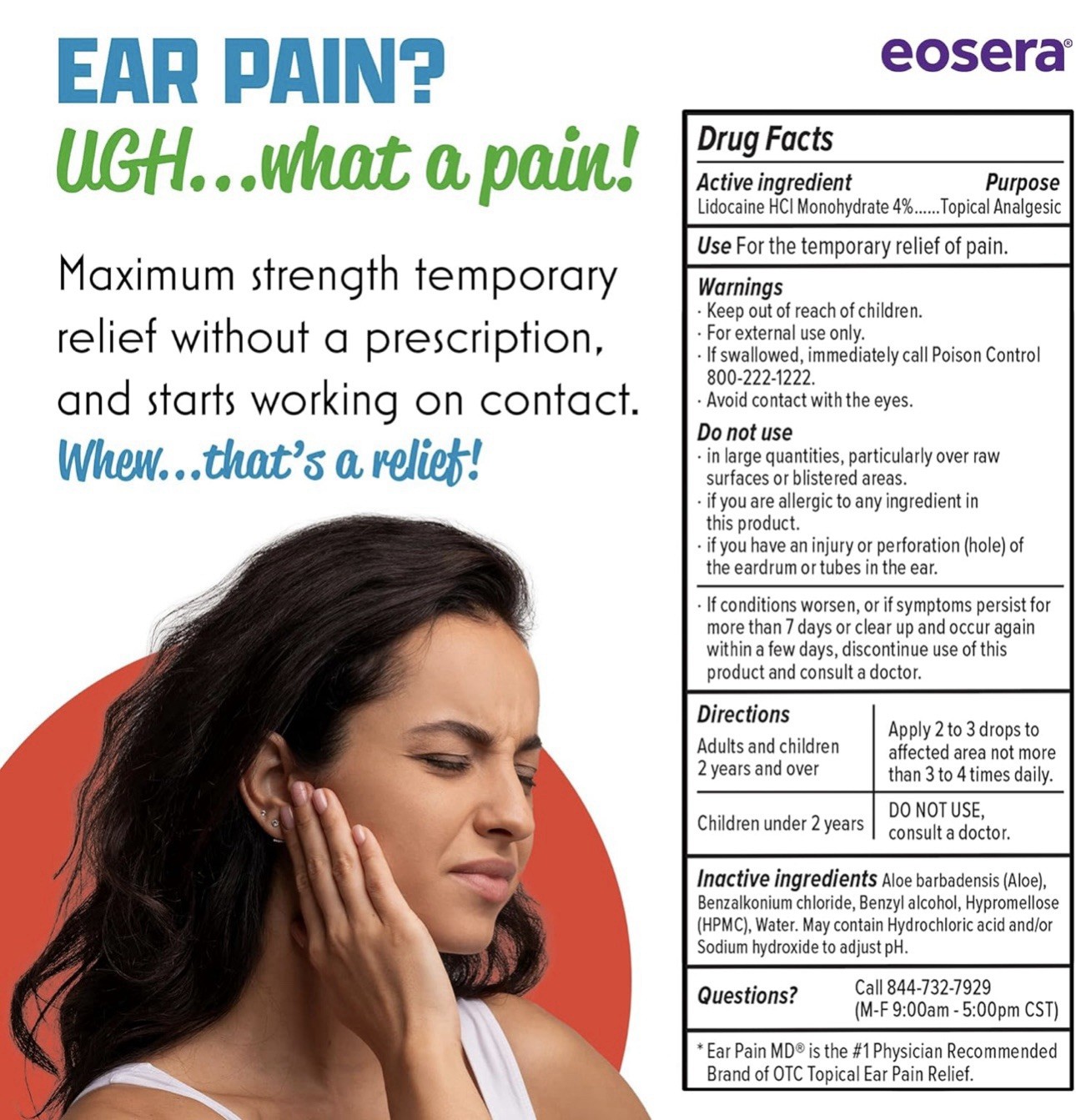 2x EOSERA Ear Pain MD Pain Relieving Drops 12.5ml (EXP 08-2026+) FREE SHIP