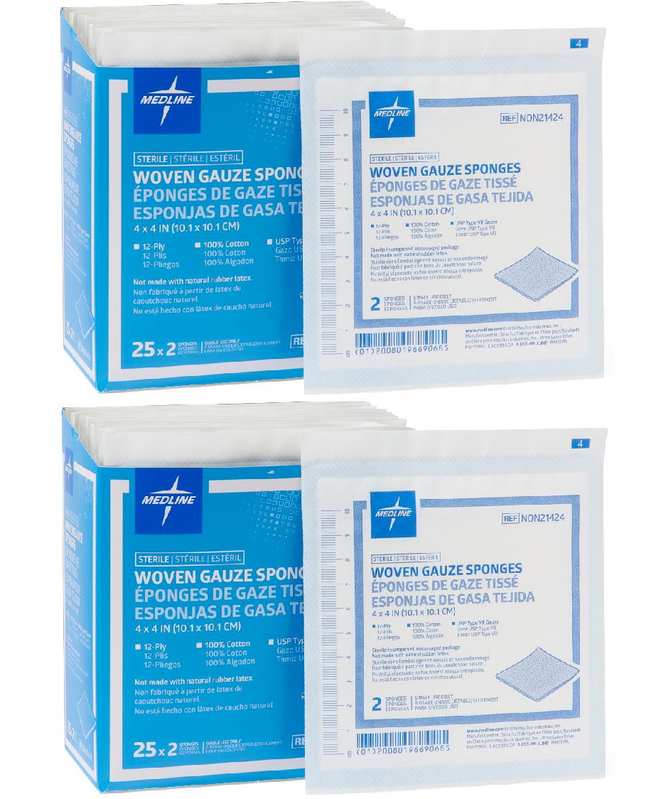 Woven Sterile Gauze Sponges, 4″ x 4″, 12-Ply, 2/Pack – 2 Boxes of 50