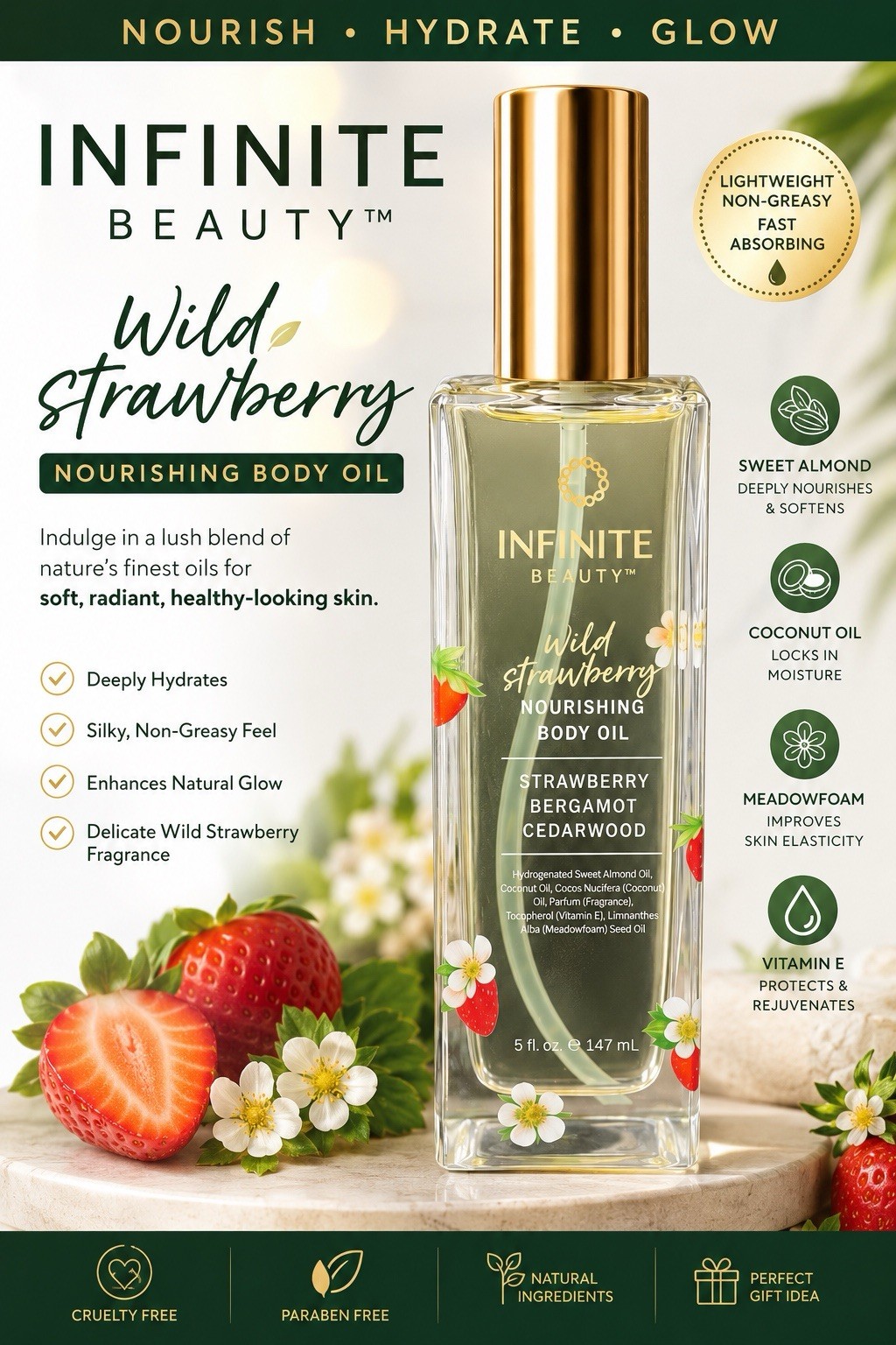 Infinite Beauty Wild Strawberry Nourishing & Glowing Body Oil 5 fl oz New