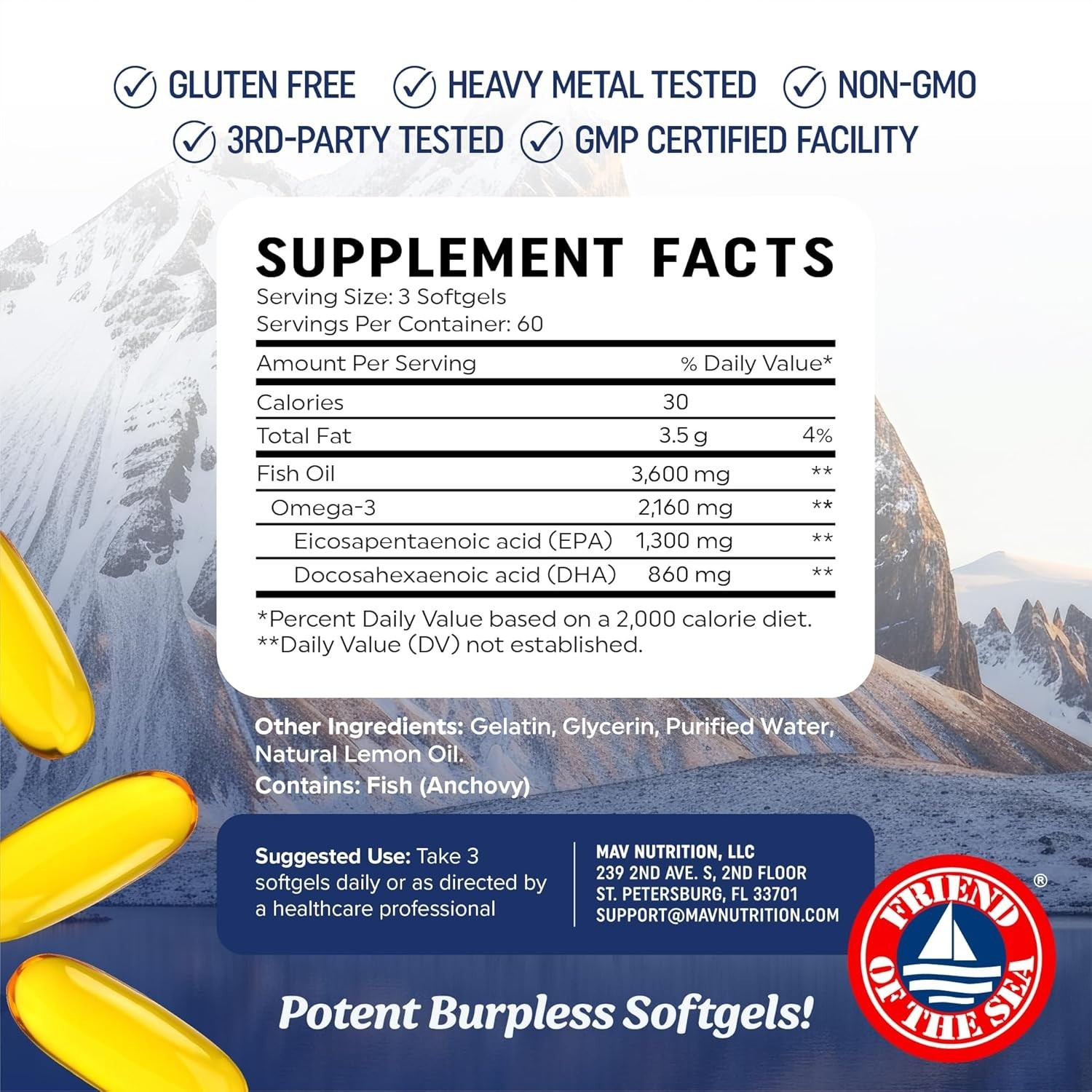 NO Fishy Taste! Triple Strength Omega 3 Fish Oil 3600mg | -Friendly Softgel