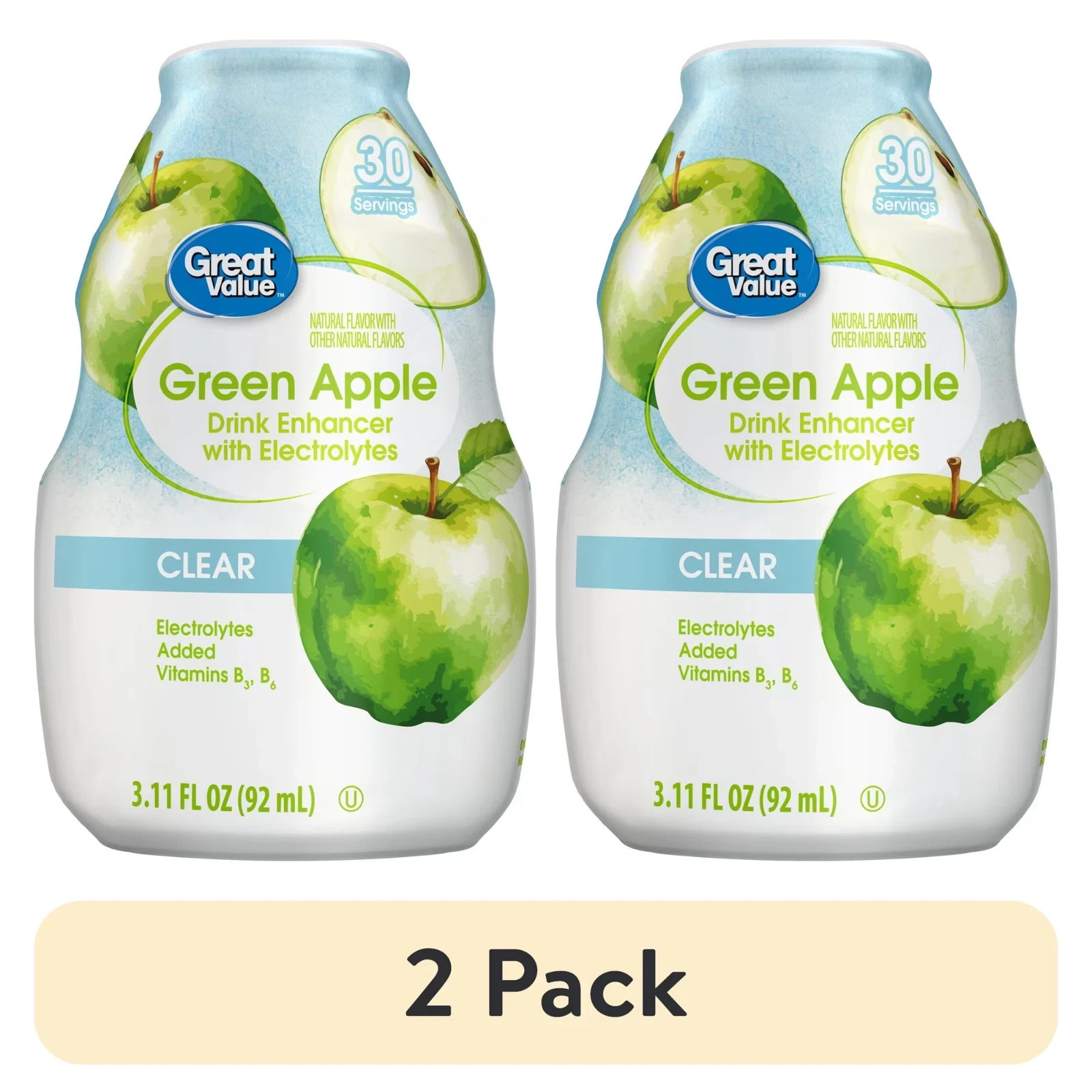 2 Pack Great Value Green Apple Drink Enhancer with Electrolytes 3.11 fl oz Mix
