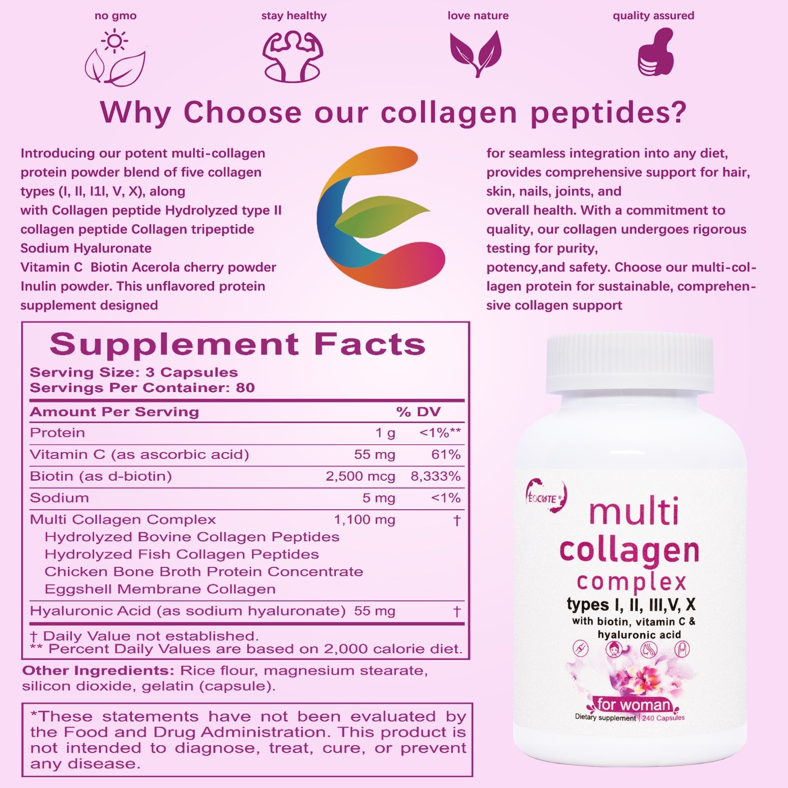 Type I, II, III, V, X Multi Collagen 240 Capsule Supplement for Women Men NEW