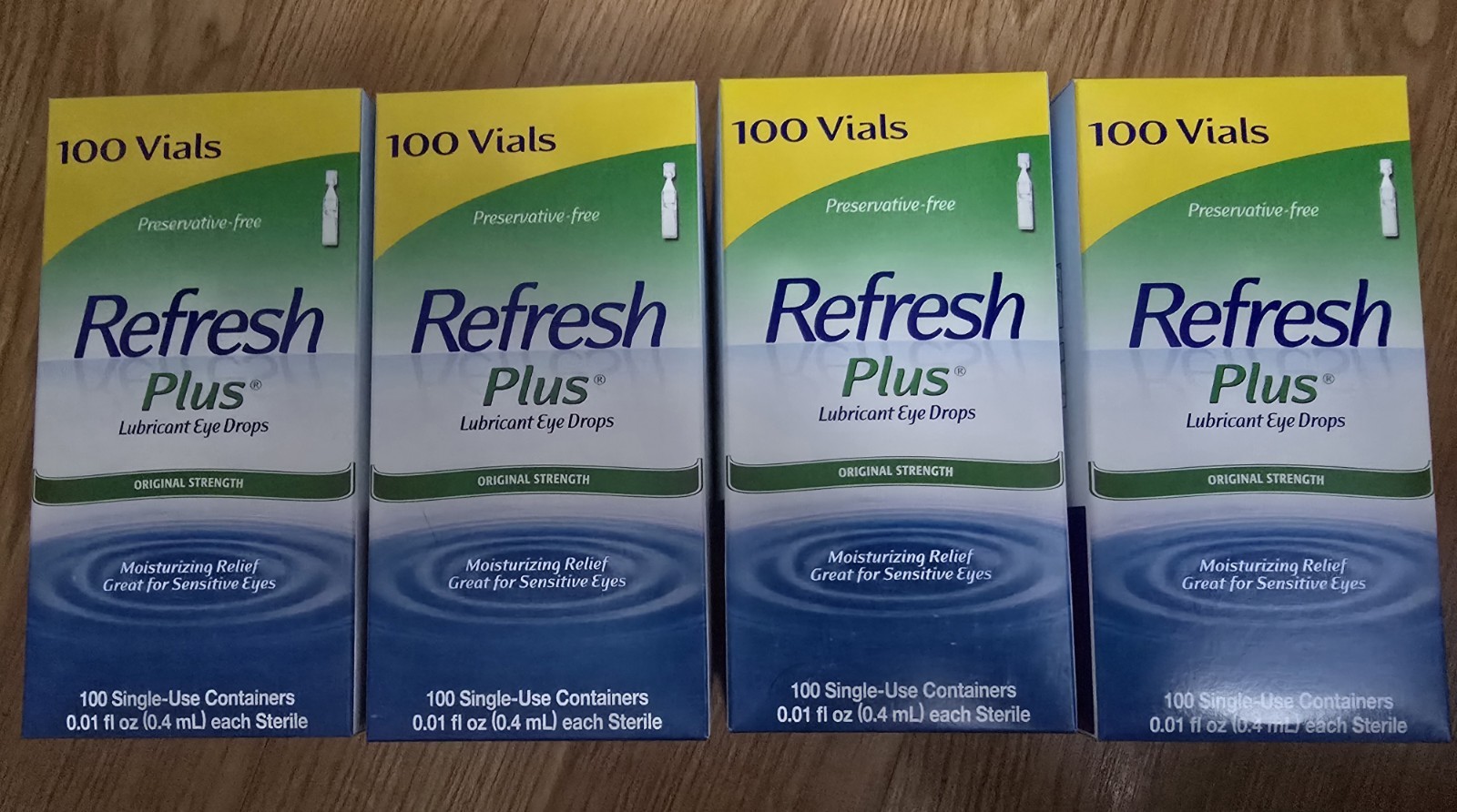 4 Lot Refresh Plus Lubricant Eye Drops, Moisturizing Relief, 100 Vials Each