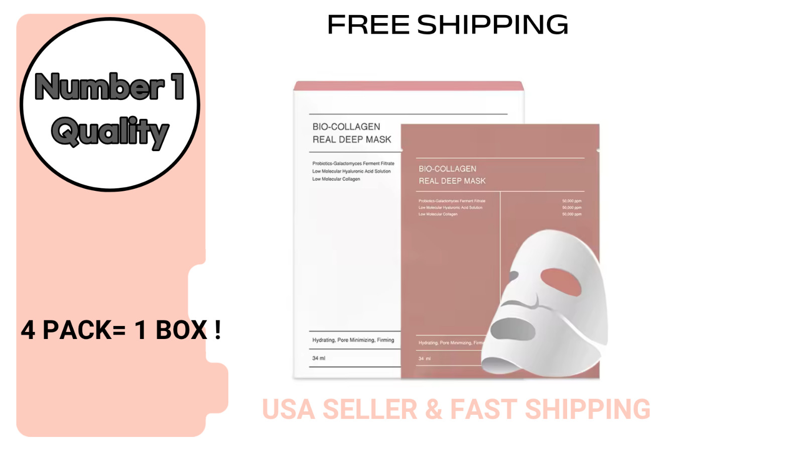 Collagen Face Mask, 4 Pack Bio-Collagen Real Deep Overnight Hydrating Face Mask