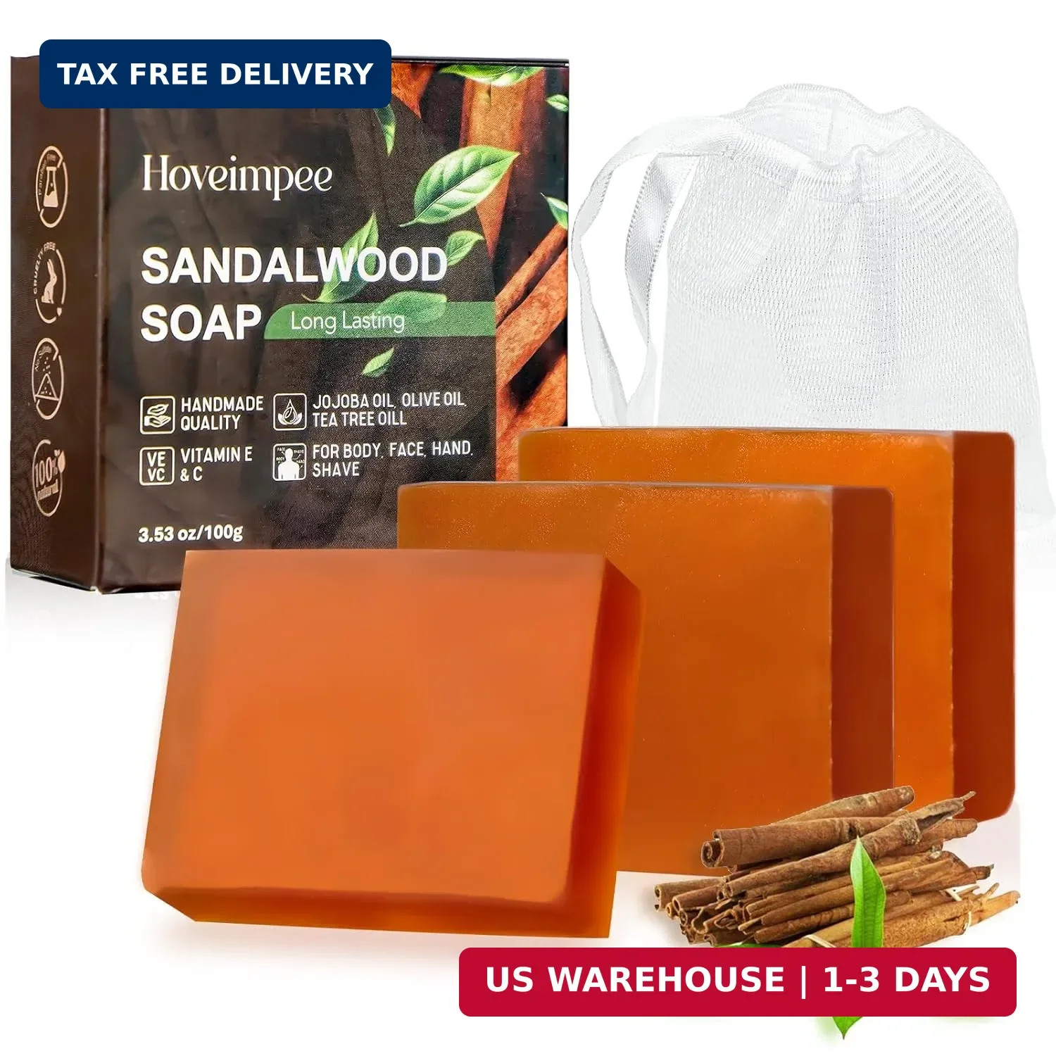 3 Pack Sandalwood Soap, Natural Mens Bar Soap Infused Jojoba and Olive Oil, Gent