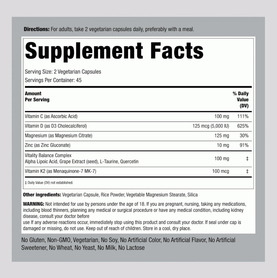 Vitamin D3 K2 5000 IU 90 Capsules MK7 Magnesium Zinc Vitamin C Non GMO Vegetaria