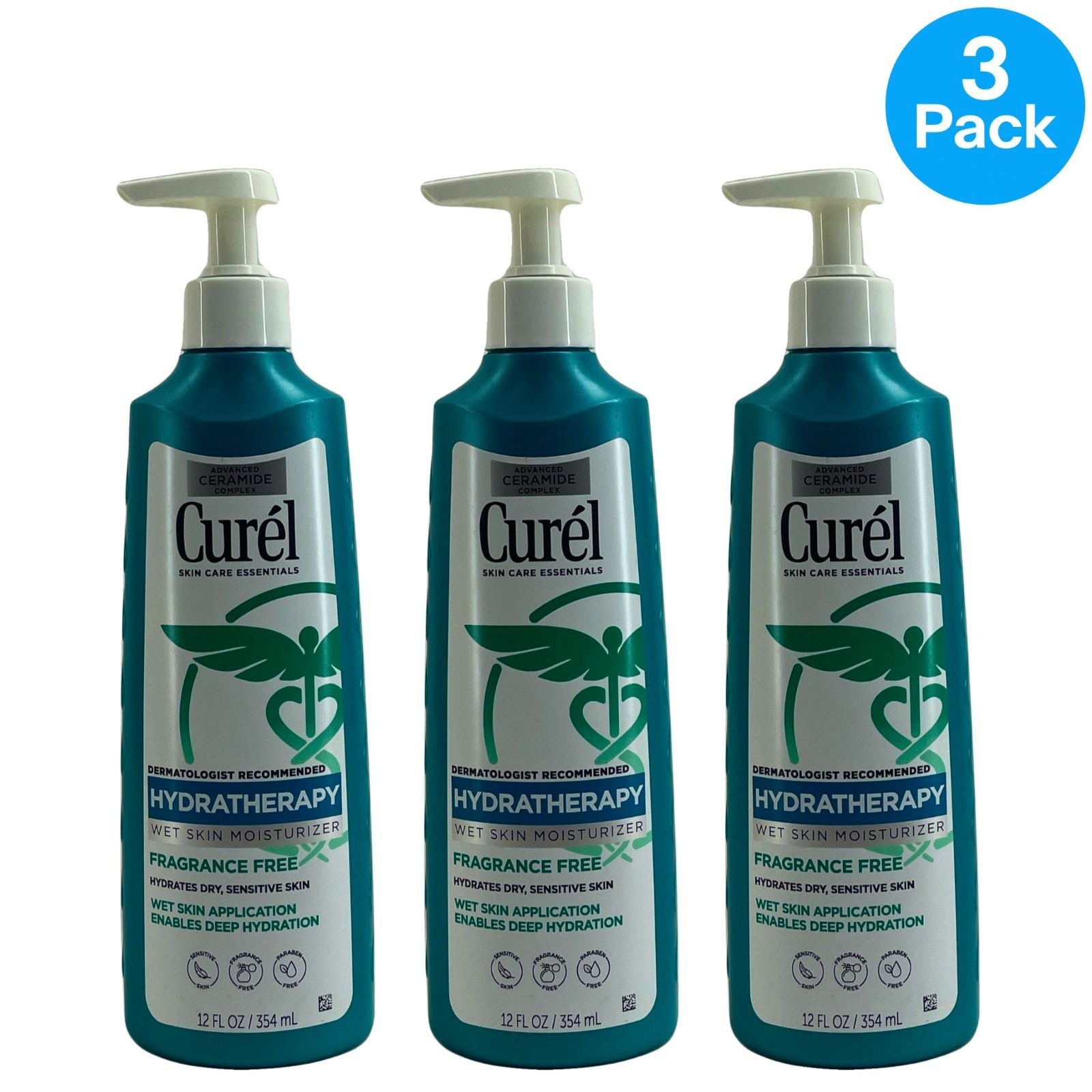 Curél HydraTherapy Wet Skin Moisturizer Fragrance Free 12oz 3 Pack Bundle