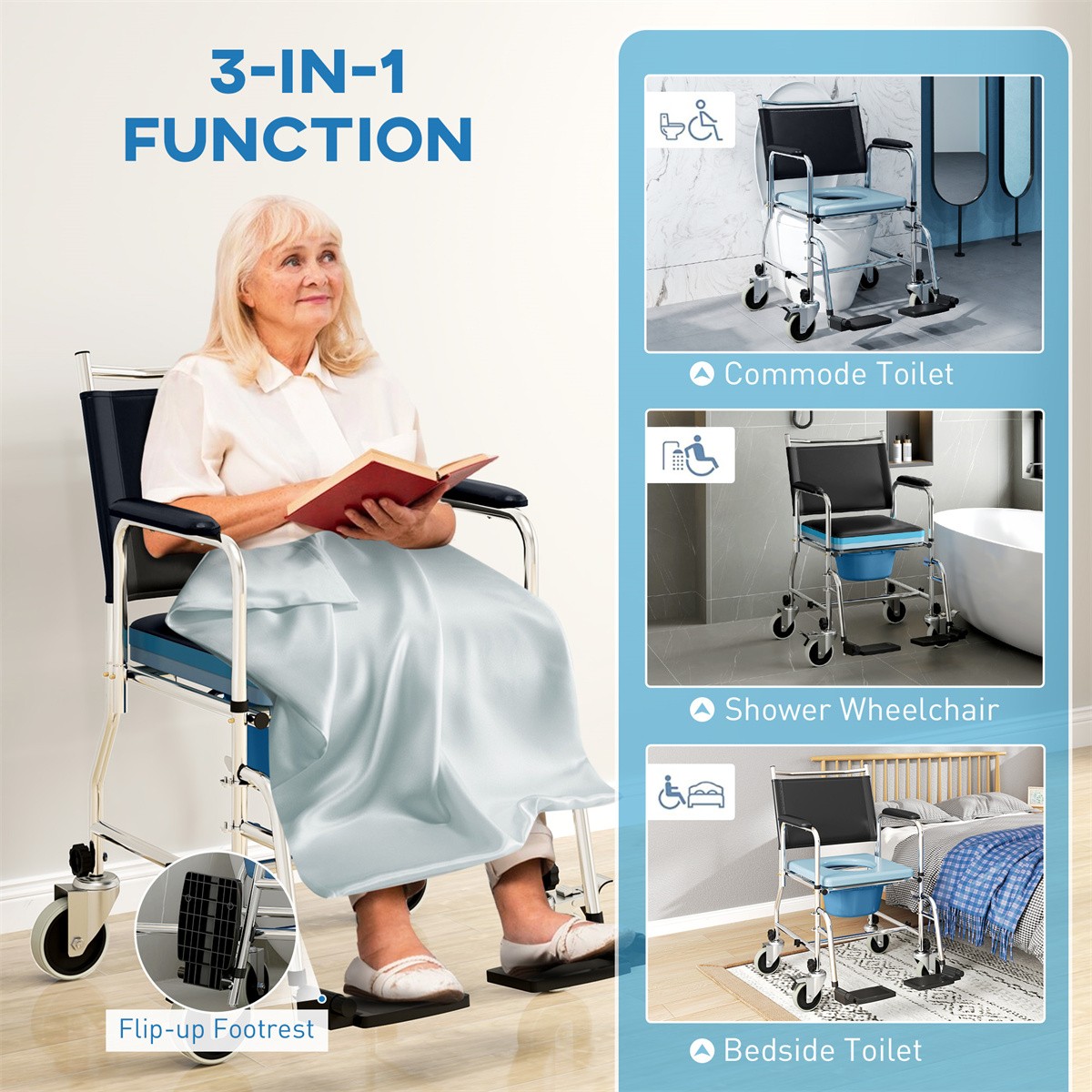 Rolling Shower Chair Commode Wheelchair w/ Footrest, Black, 300 lbs