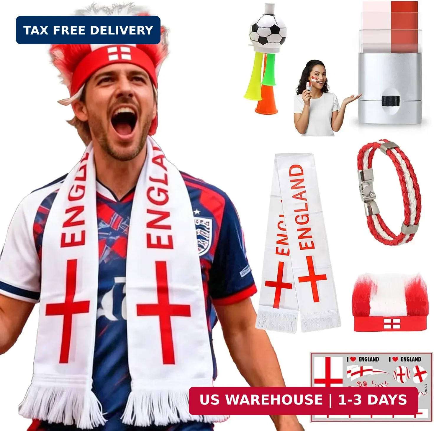 2026 England Soccer Fan Kit – Face Paint Sticks, Flag Scarf, Hairy Headband, Wri