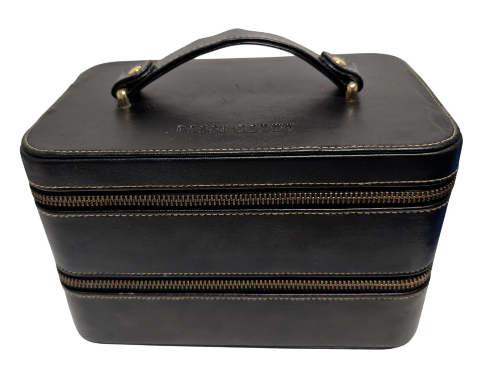 Vintage Bobbi Brown Black Leather Train Case Makeup Cosmetic Vanity Box Tiered