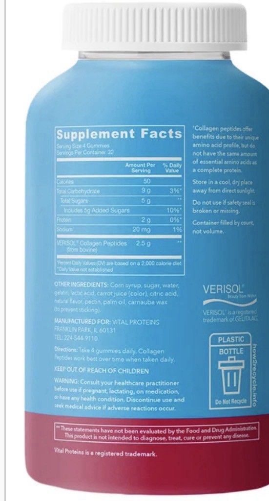 Vital Proteins Collagen Peptides Gummies, Raspberry, 128 EXP 08/2027