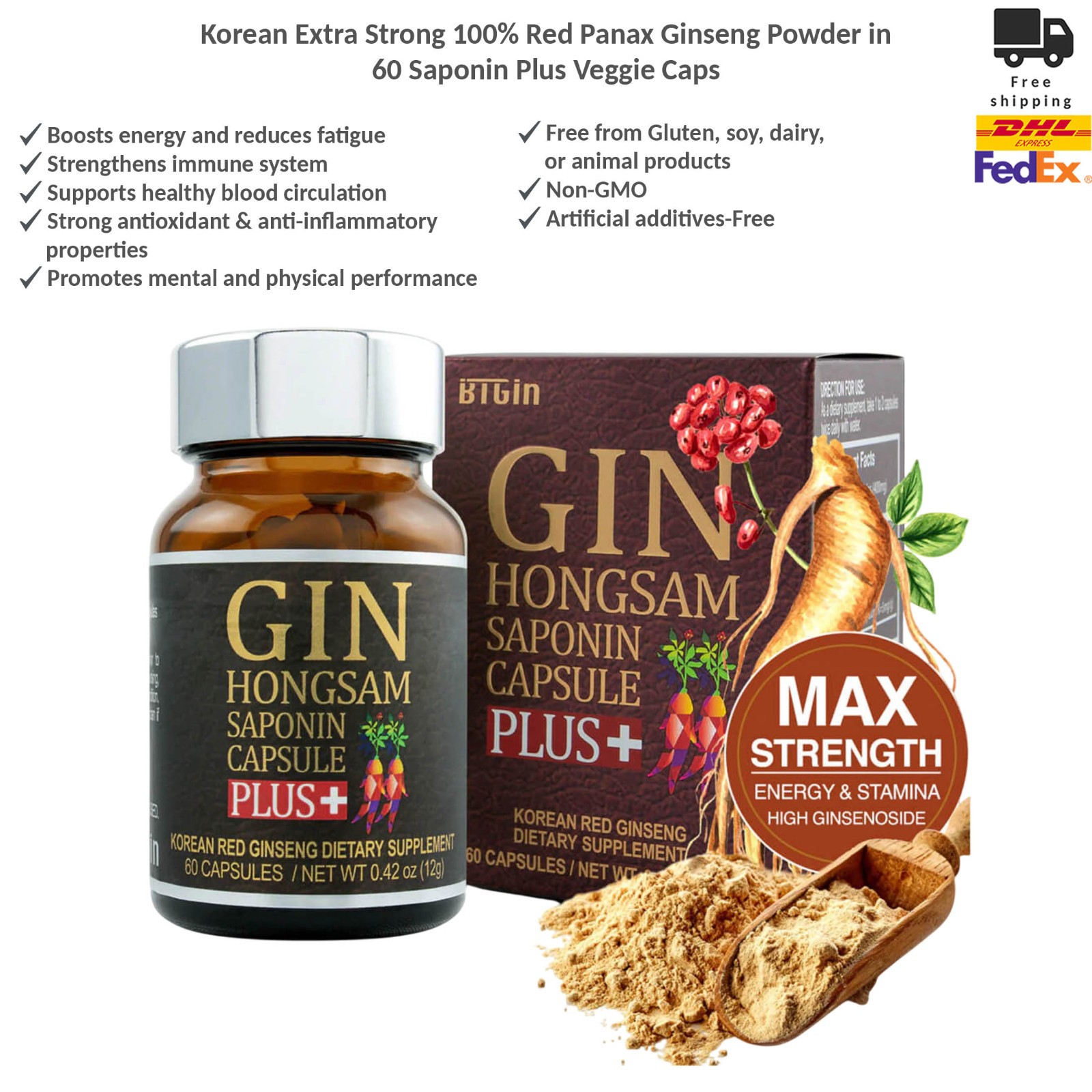 Korean Extra Strong Red Panax Ginseng Vegetable Capsules Saponin Plus 60 Count