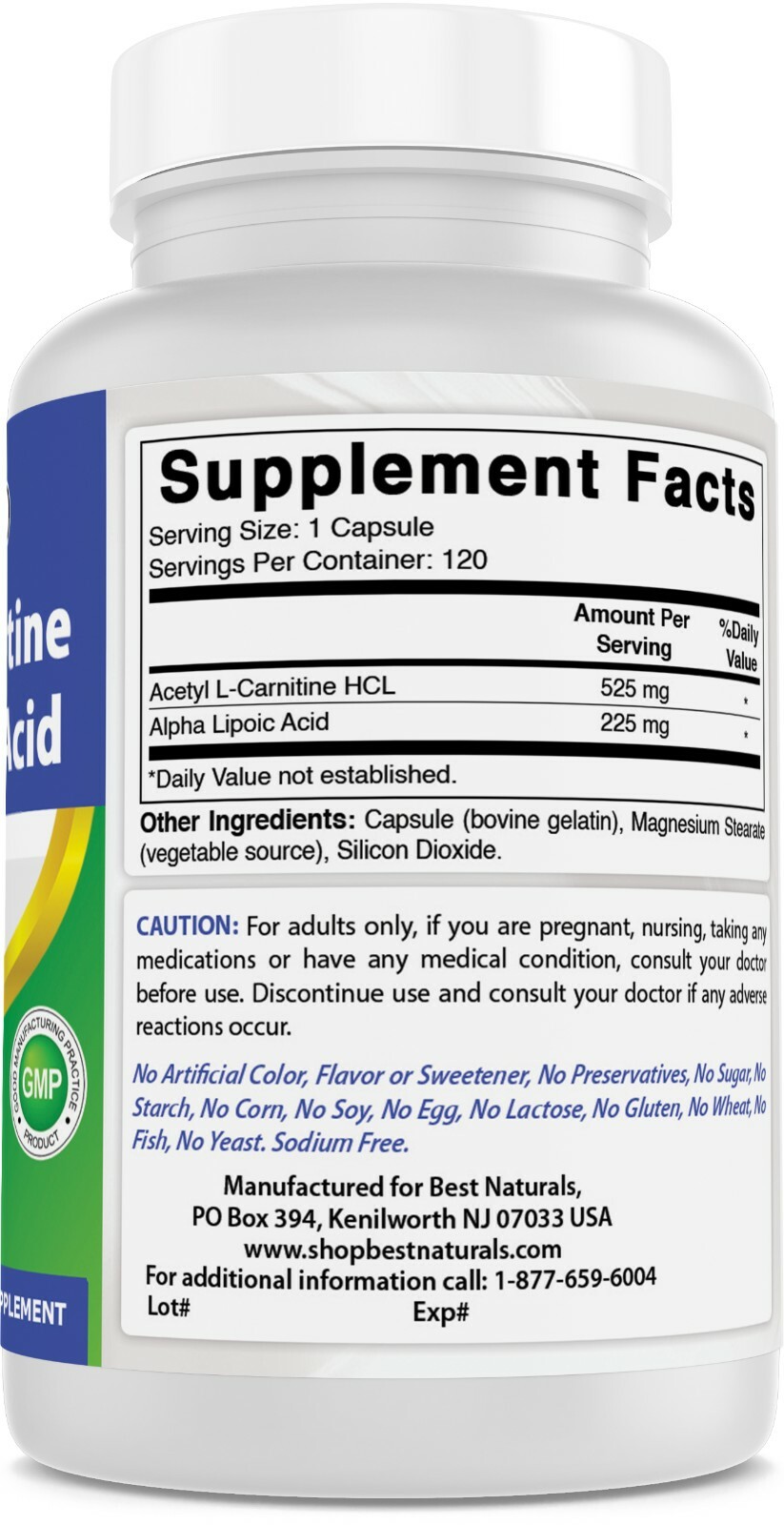 Best Naturals Acetyl L-Carnitine and Alpha Lipoic Acid 750 mg 120 Capsules