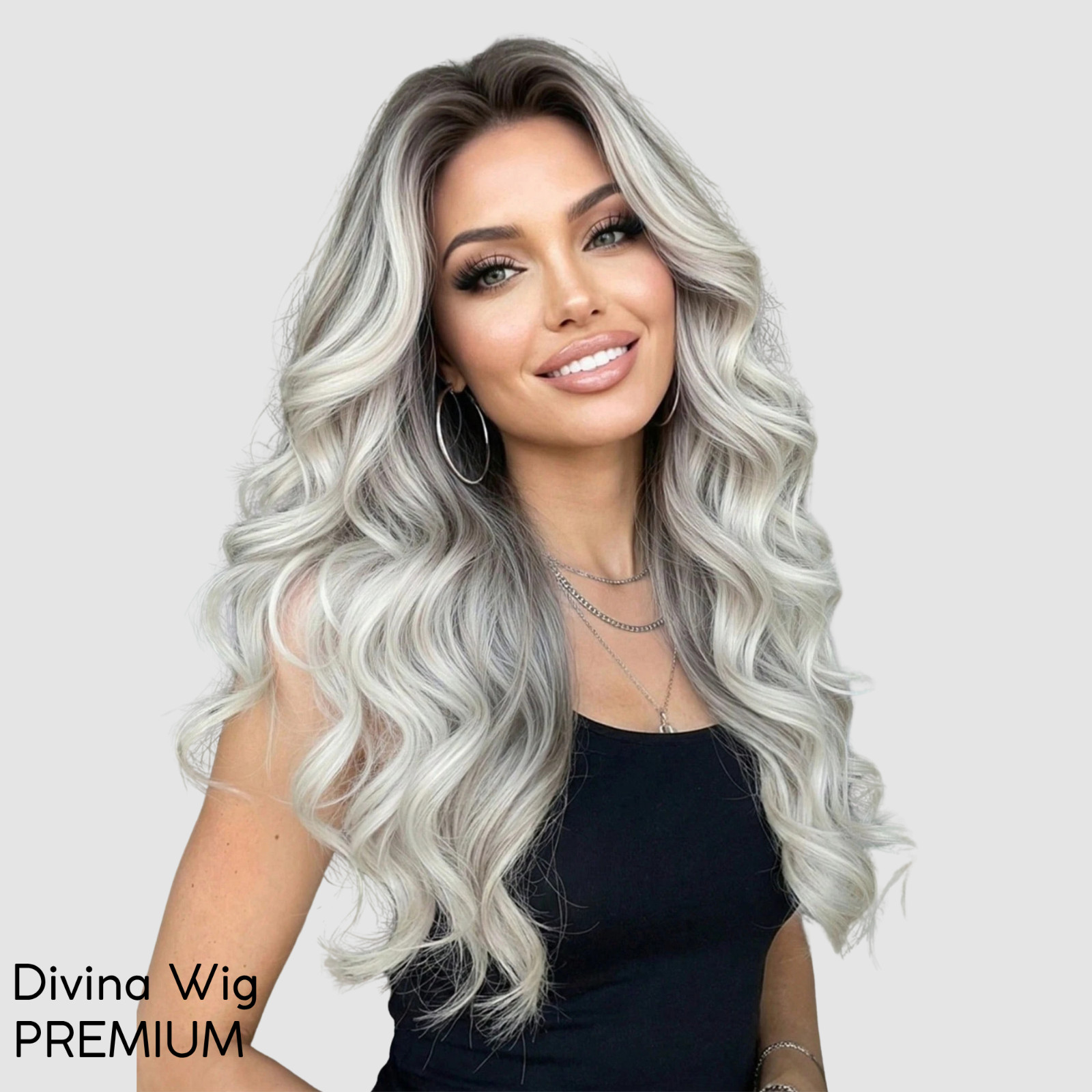 24 Inch Silver Ombre Curly Wig Long Heat Resistant Synthetic Hair Middle Part Na