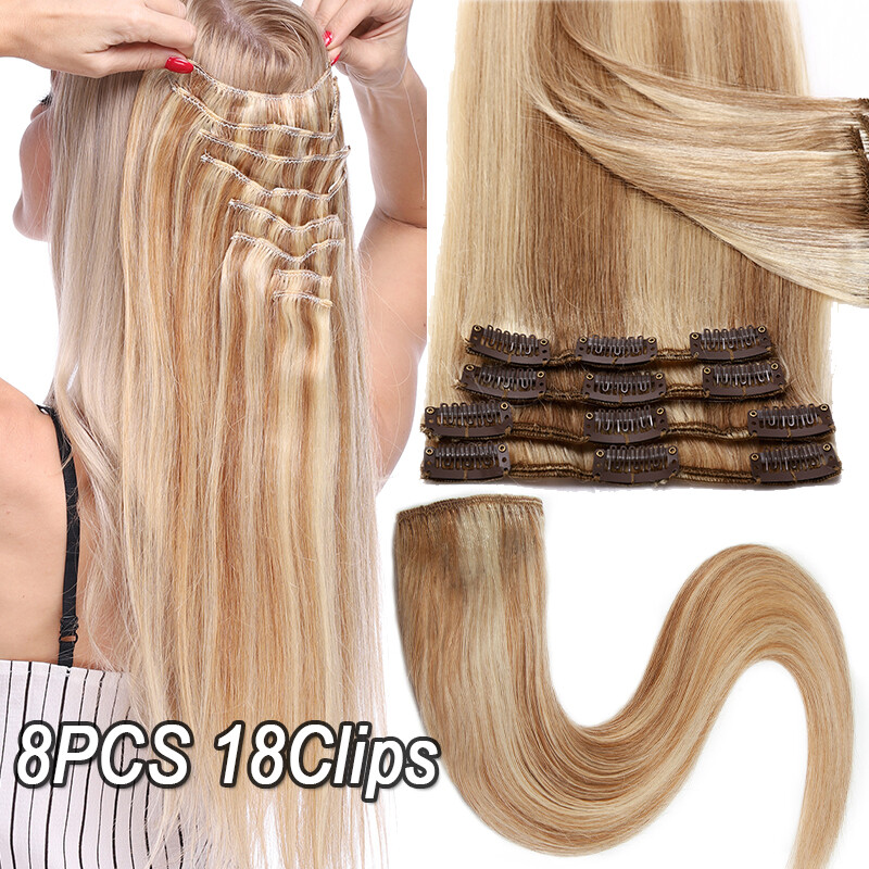 8Pieces 18Clips Natural Real Human Hair Extensions Clip In Long Full Head 8-24″