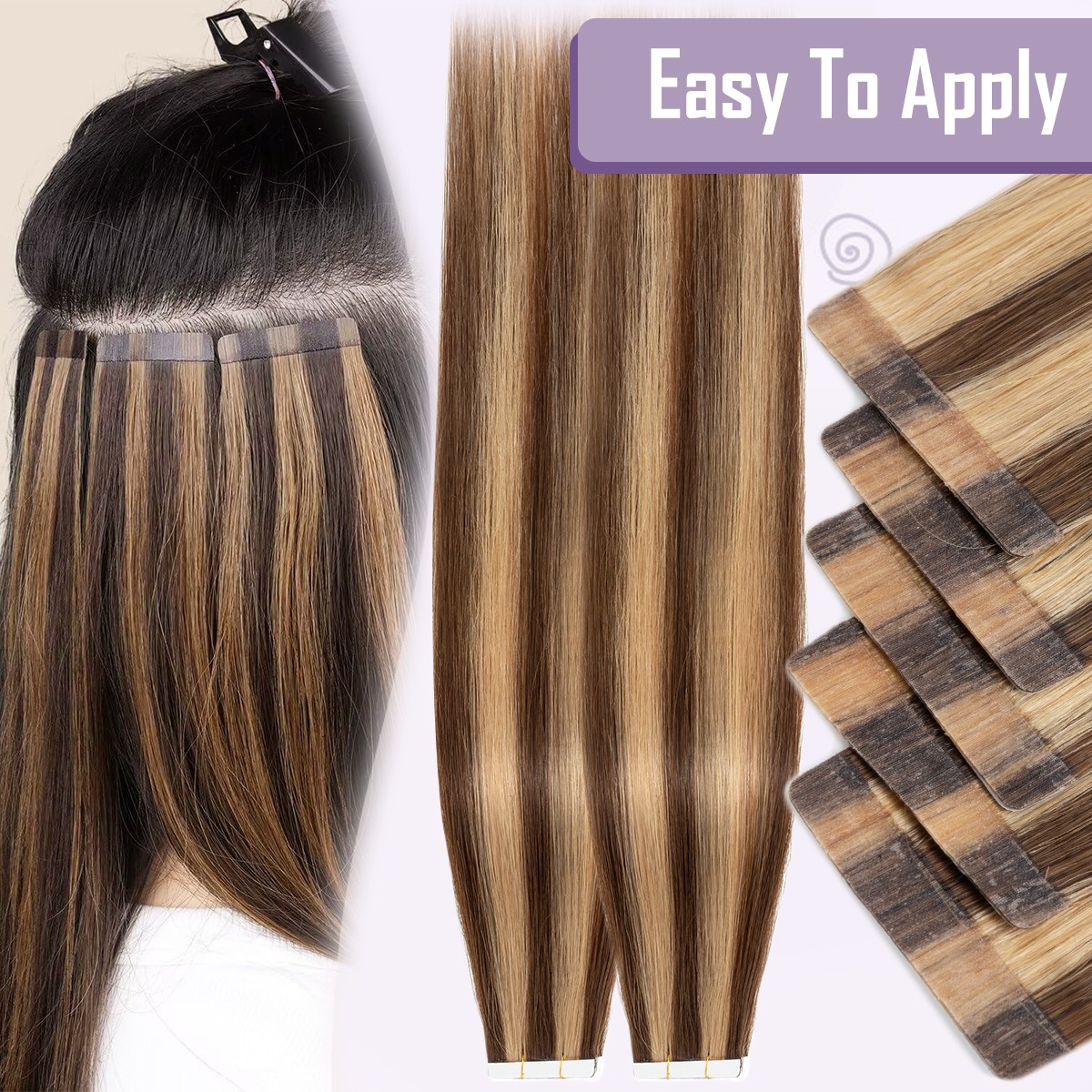 Tape in Highlight 60 Pieces Thick Skin Weft Russian Remy Human Hair Extensions