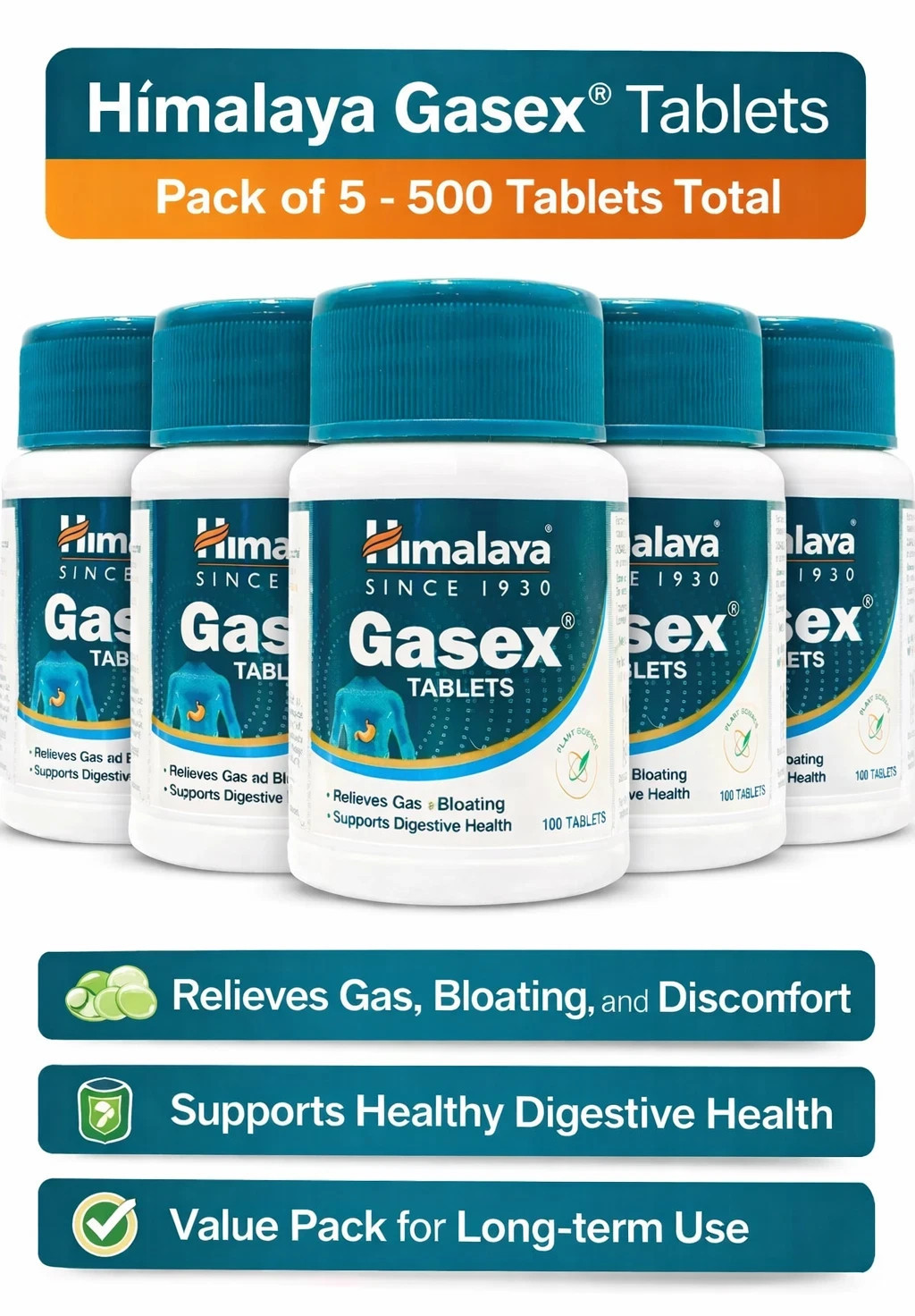 Himalaya Gasex 60 Tablets (Pack of 5x) Ayurvedic Herbal Wellness Formula