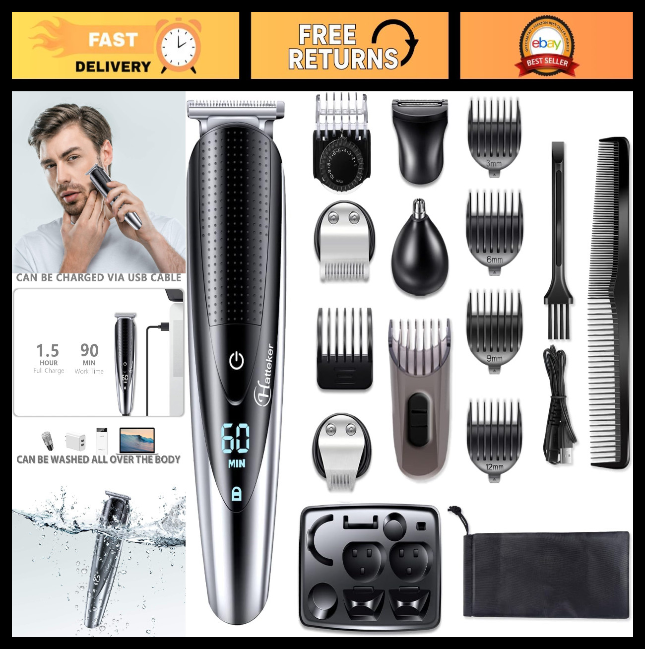 5-in-1 Men’s Grooming Kit – Cordless Beard, Hair, Mustache & Body Trimmer, Water