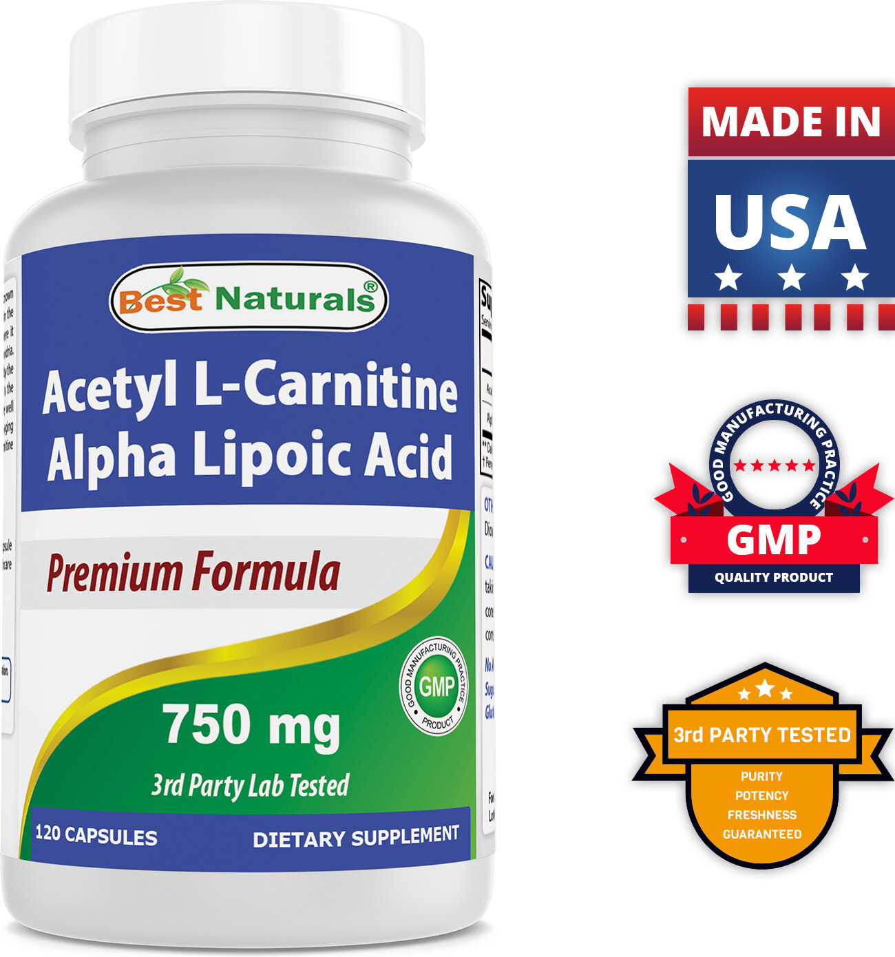 Best Naturals Acetyl L-Carnitine and Alpha Lipoic Acid 750 mg 120 Capsules