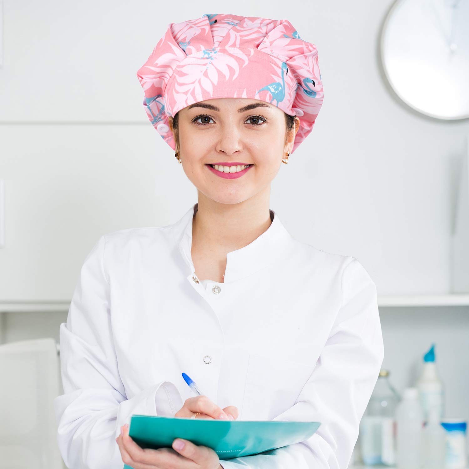 6Pc Bouffant Caps with Buttons Elastic Turban Nursing Surgical Scrub Hats Animal