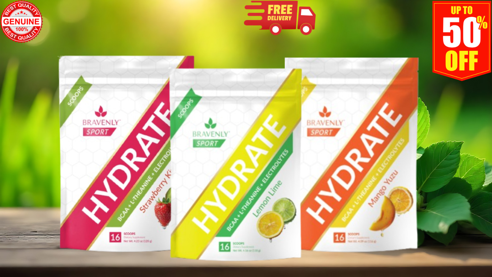 x3 BAGS BUNDLE BRAVENLY HYDRATE Lemon, Strawberry Kiwi & Mango Yuzu – NEW SEALED