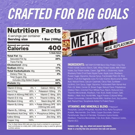 Met-Rx Big 100 High Protein Meal Replacement Bars, Blueberry Cobbler, 30G