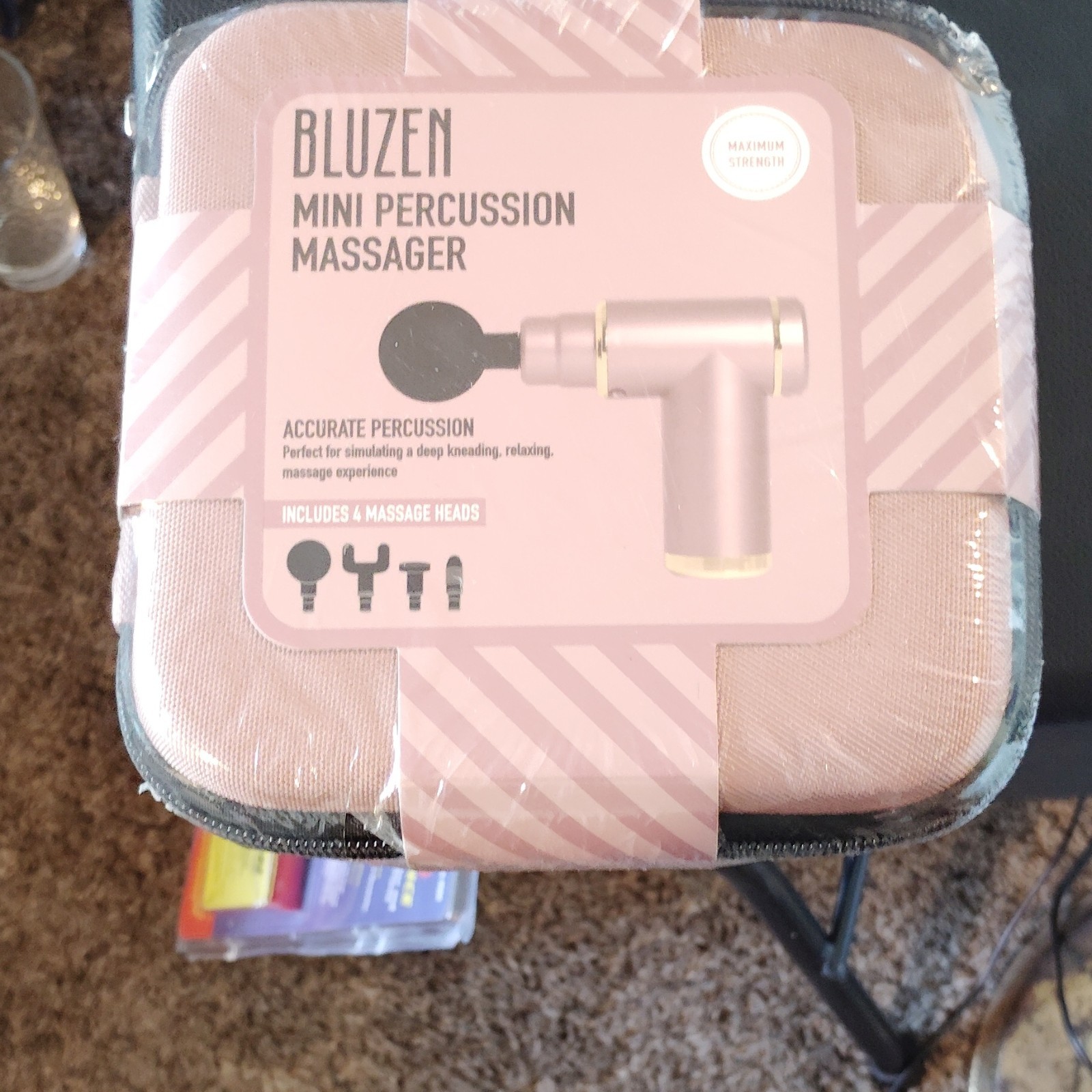 BLUZEN Mini Handheld Percussion Massager Pink, 4 Heads, Battery/USB Charge