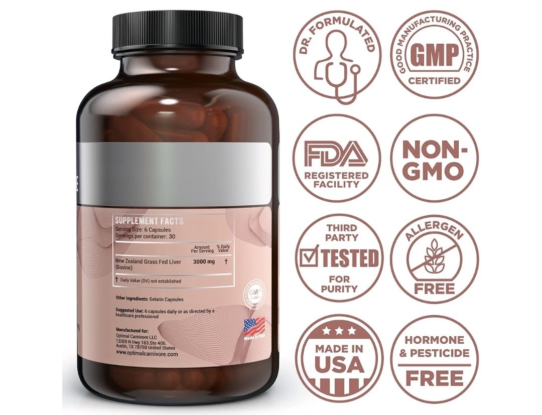 Optimal Carnivore Grass Fed Beef Liver 500mg 180 Capsules Non-GMO Allergen-Free