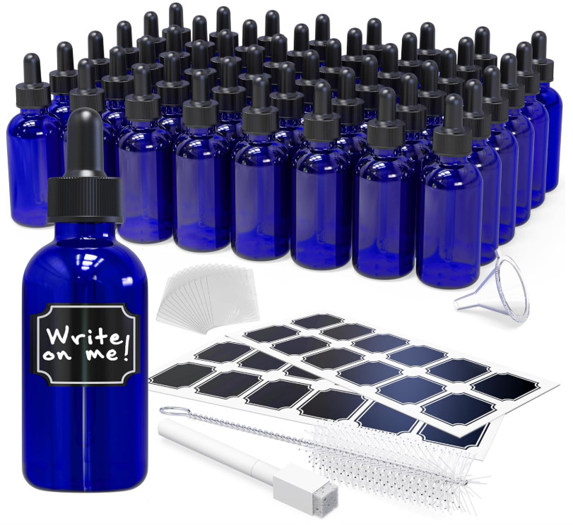 Frascos gotero vidrio azul 2oz pack 48 con embudo etiquetas cepillo y marcador