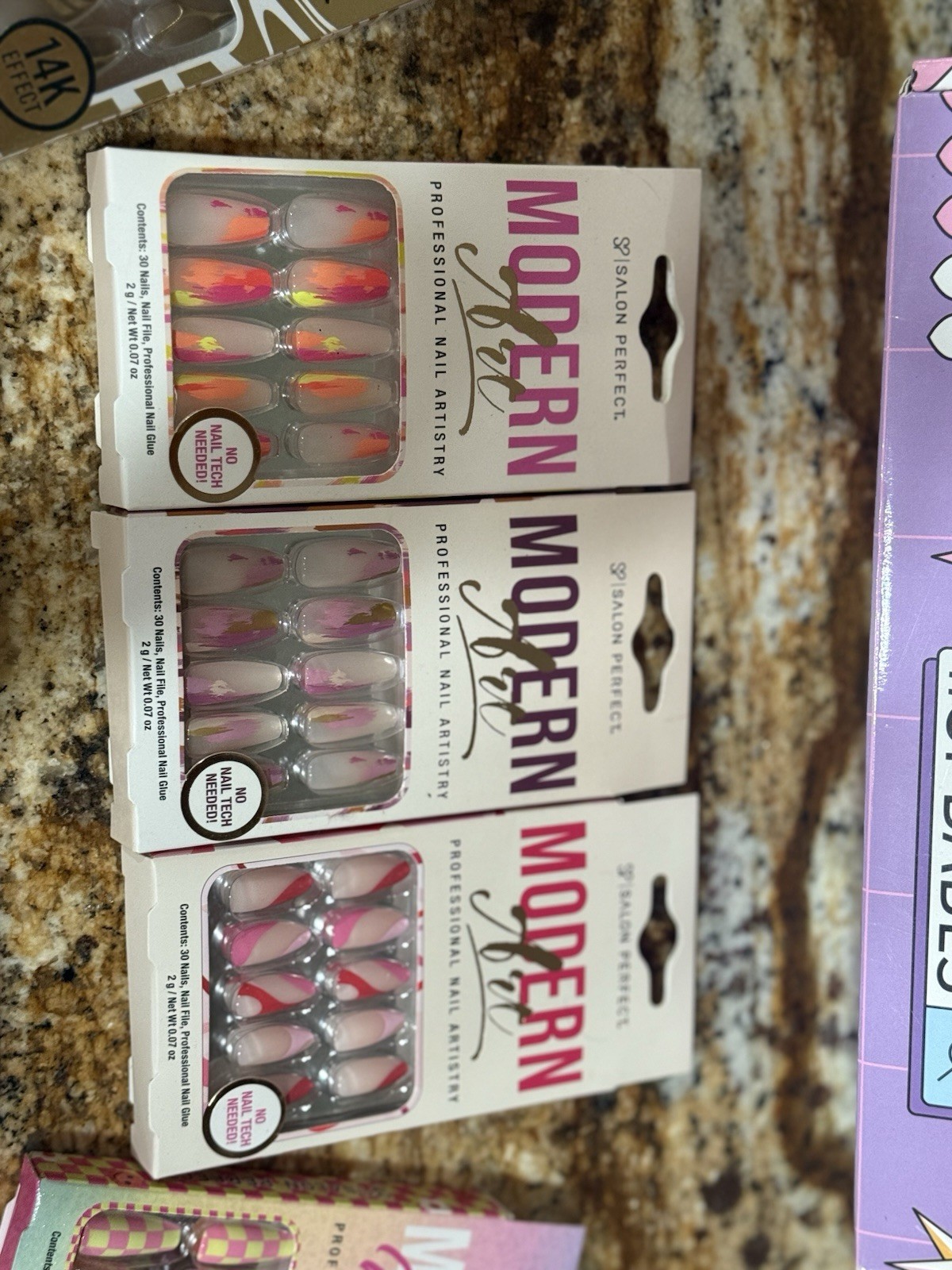 Salon Perfect Pre-Designed Press-On Nails Lot, Multicolor Metallic, Glue