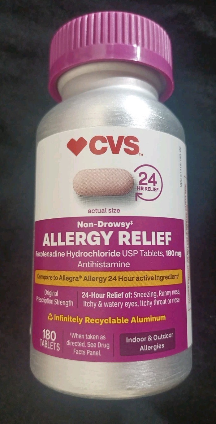 CVS 24HR ALLERGY RELIEF, NON-DROWSY, FEXOFENADINE 180 TABLETS, NEW & SEALED!