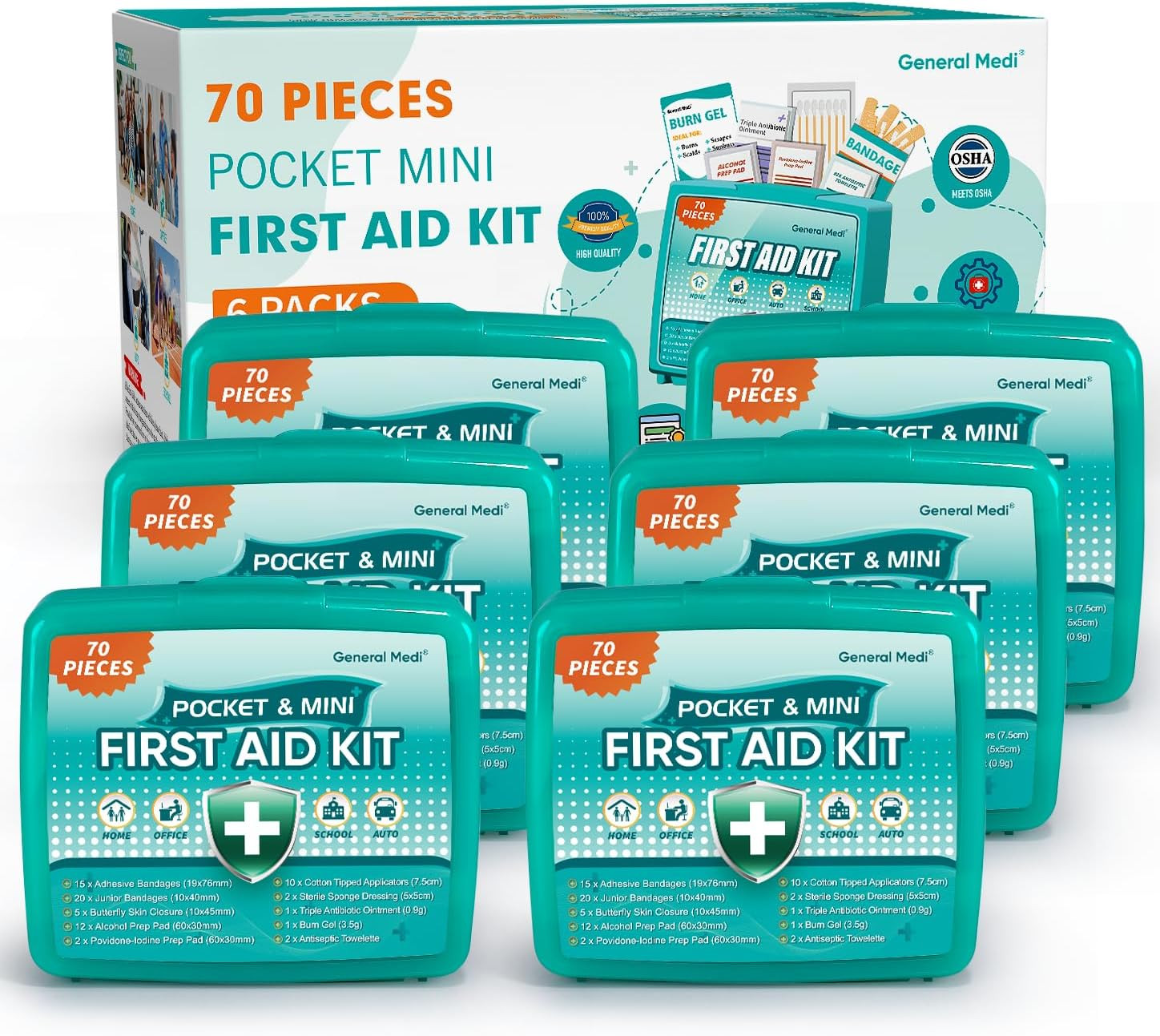 420 Piece First Aid Kit, 6 Individual Boxes of 70 Items Each – Contains Premium