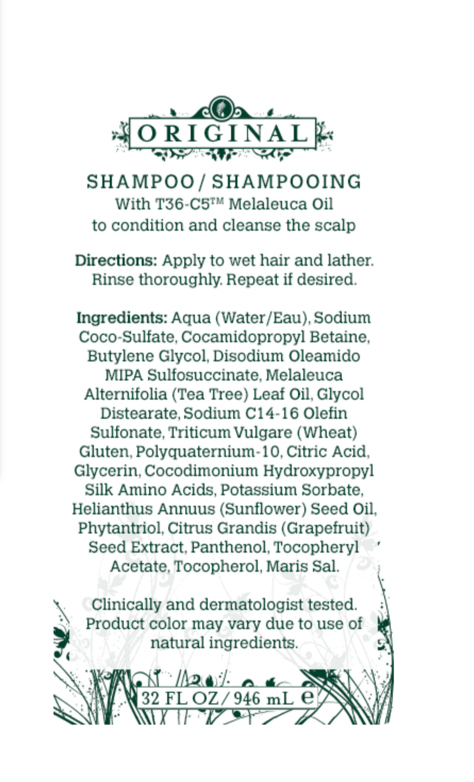Melaleuca Original Shampoo 32 oz Family Size with T36-C5 Oil for Scalp with pump