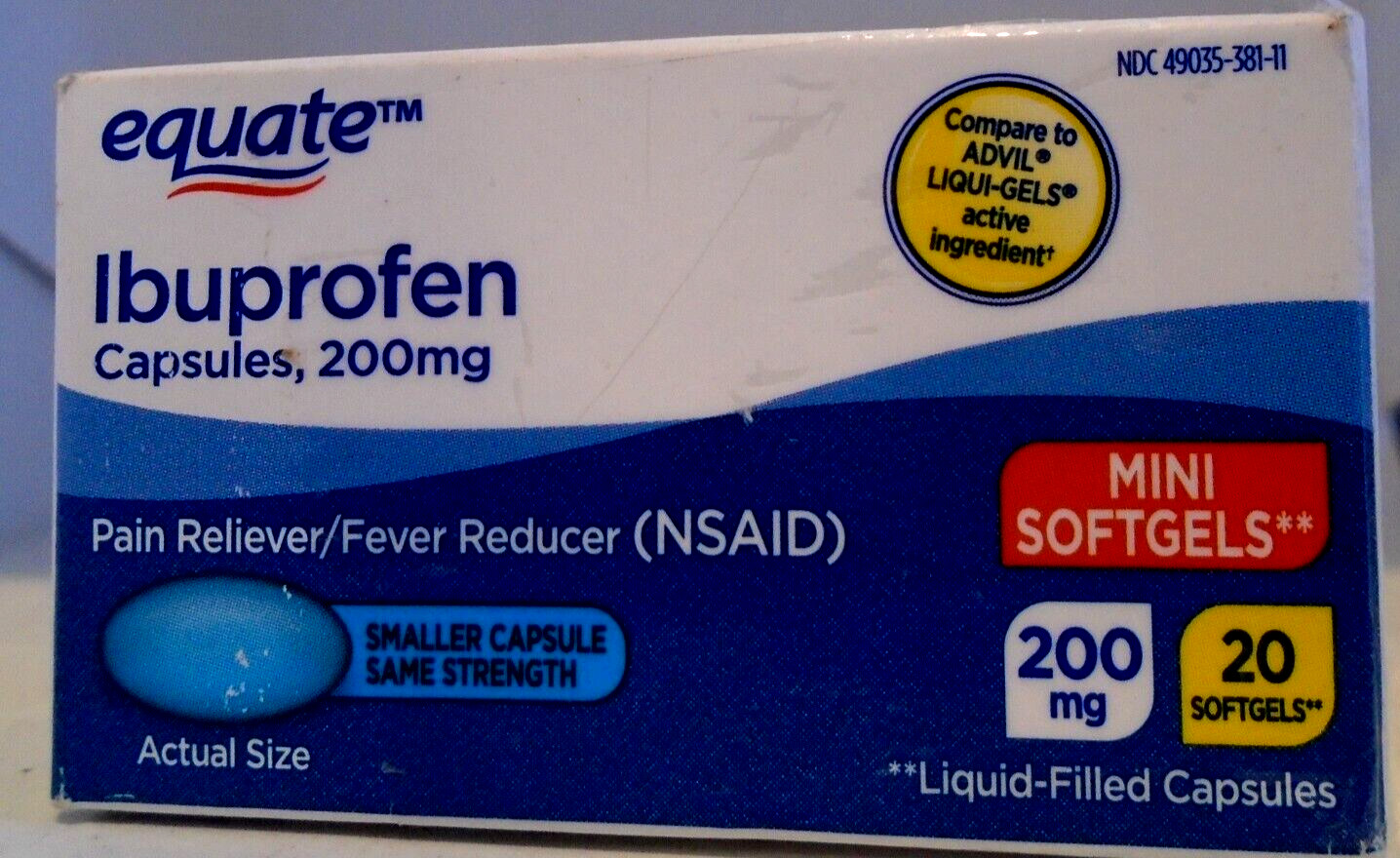 Equate Ibuprofen Mini Softgel Capsules Arthritis Cold Fever 200mg 20 Count